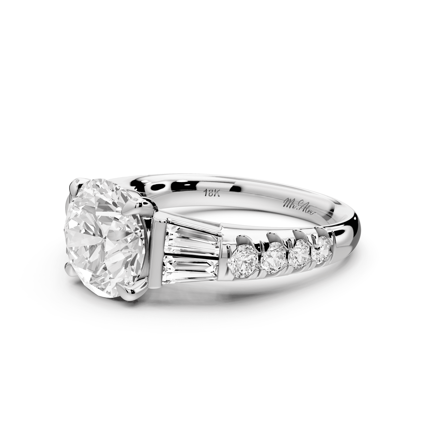 Aria - 2ct 14k white gold round Diamond with tapered baguettes and round accent stones engagment ring - Mr. Alex Jewelry