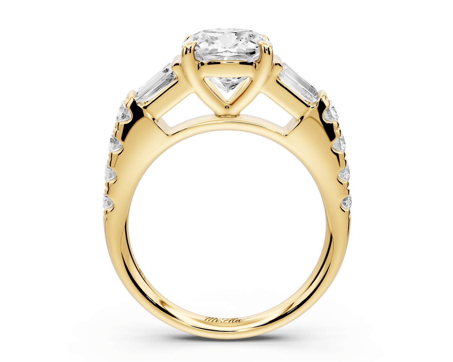 Aria - 2ct 14k yellow gold cushion Diamond with tapered baguettes and round accent stones engagement ring - Mr. Alex Jewelry