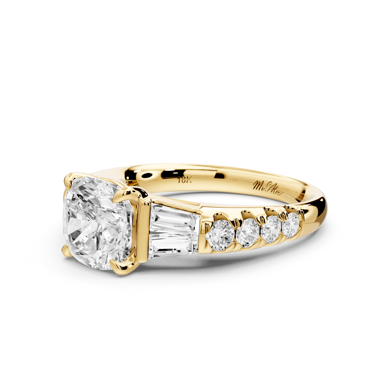Aria - 2ct 14k yellow gold cushion Diamond with tapered baguettes and round accent stones engagement ring - Mr. Alex Jewelry