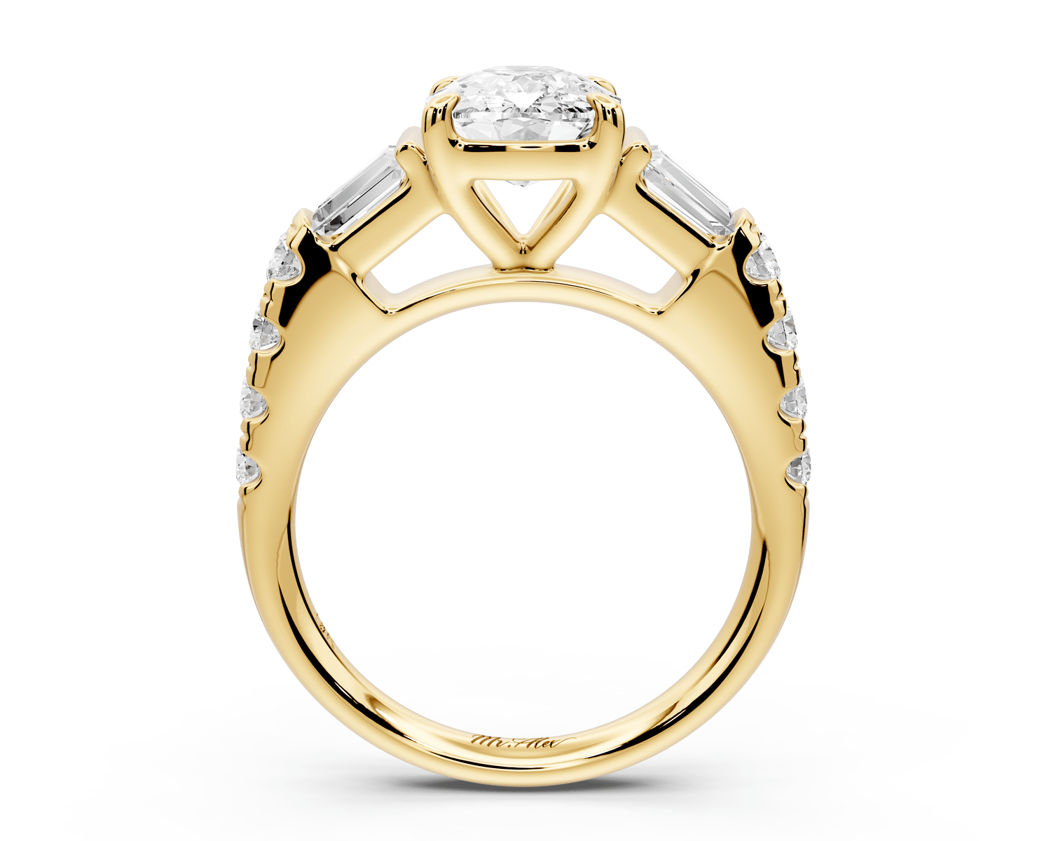 Aria - 2ct 14k yellow gold Elongated Cushion Diamond with tapered baguettes and round accent stones engagement ring - Mr. Alex Jewelry