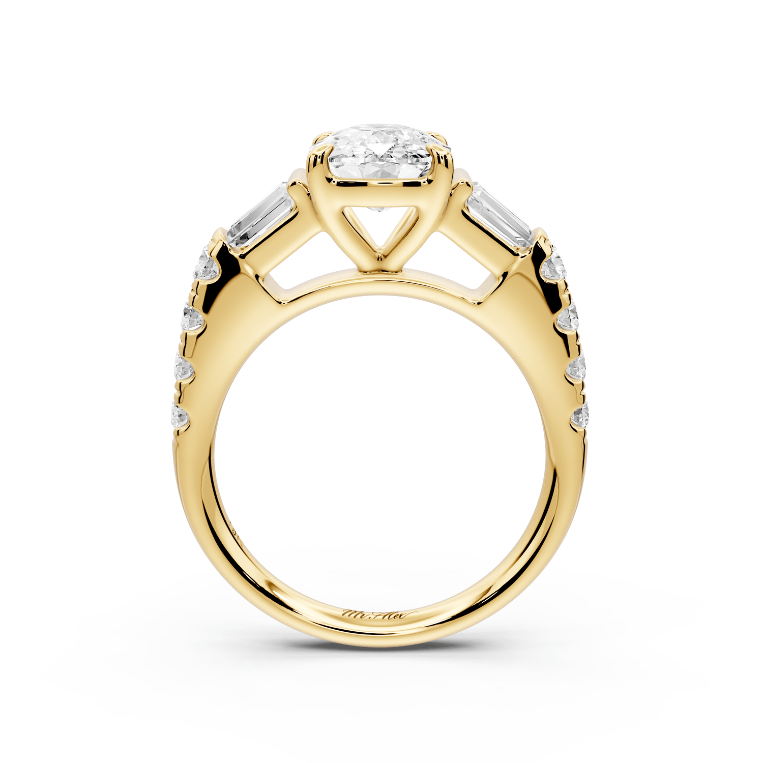 Aria - 2ct 14k yellow gold Elongated Cushion Diamond with tapered baguettes and round accent stones engagement ring - Mr. Alex Jewelry