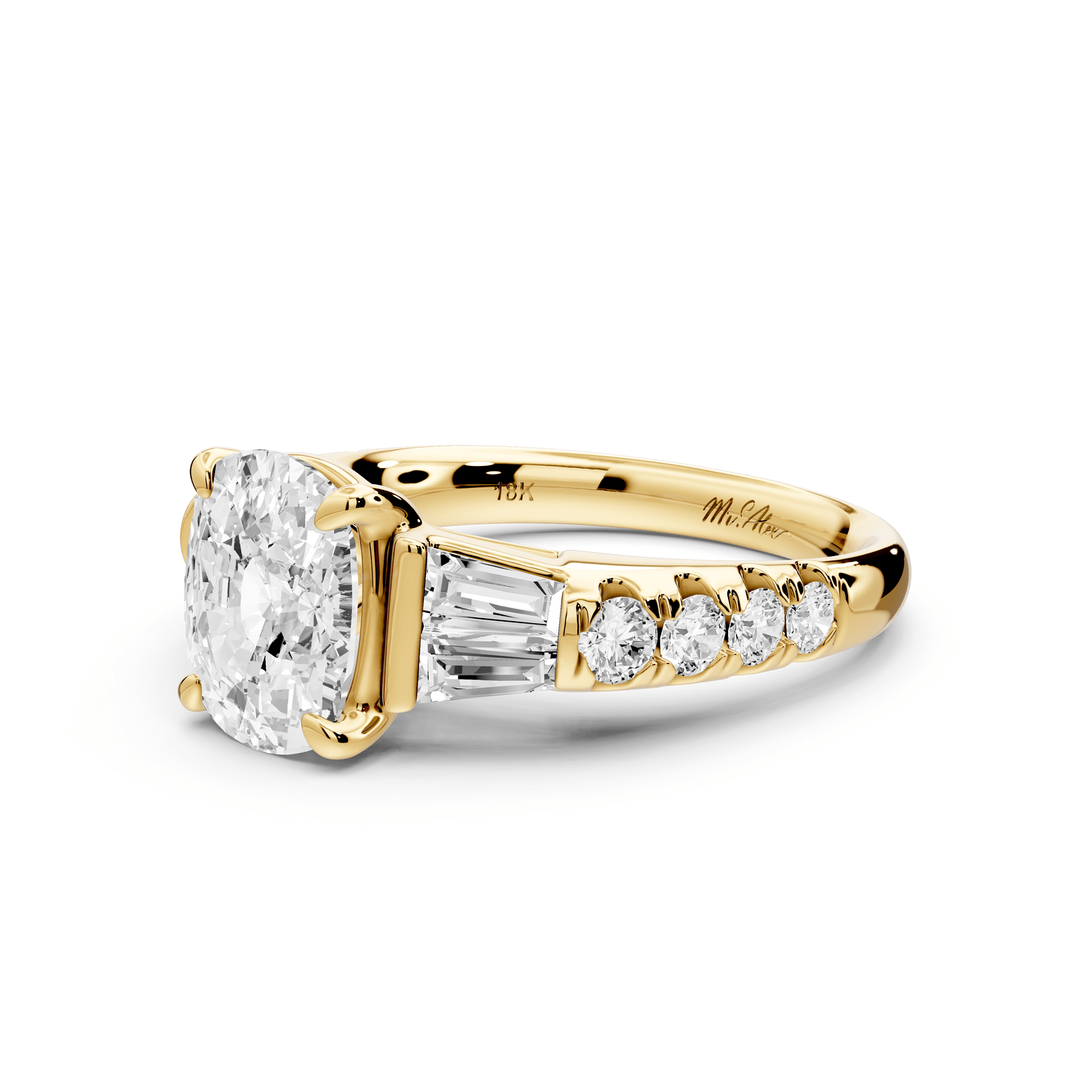 Aria - 2ct 14k yellow gold Elongated Cushion Diamond with tapered baguettes and round accent stones engagement ring - Mr. Alex Jewelry