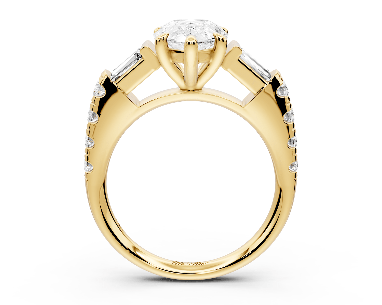 Aria - 2ct 14k yellow gold pear Diamond with tapered baguettes and round accent stones Engagement ring - Mr. Alex Jewelry