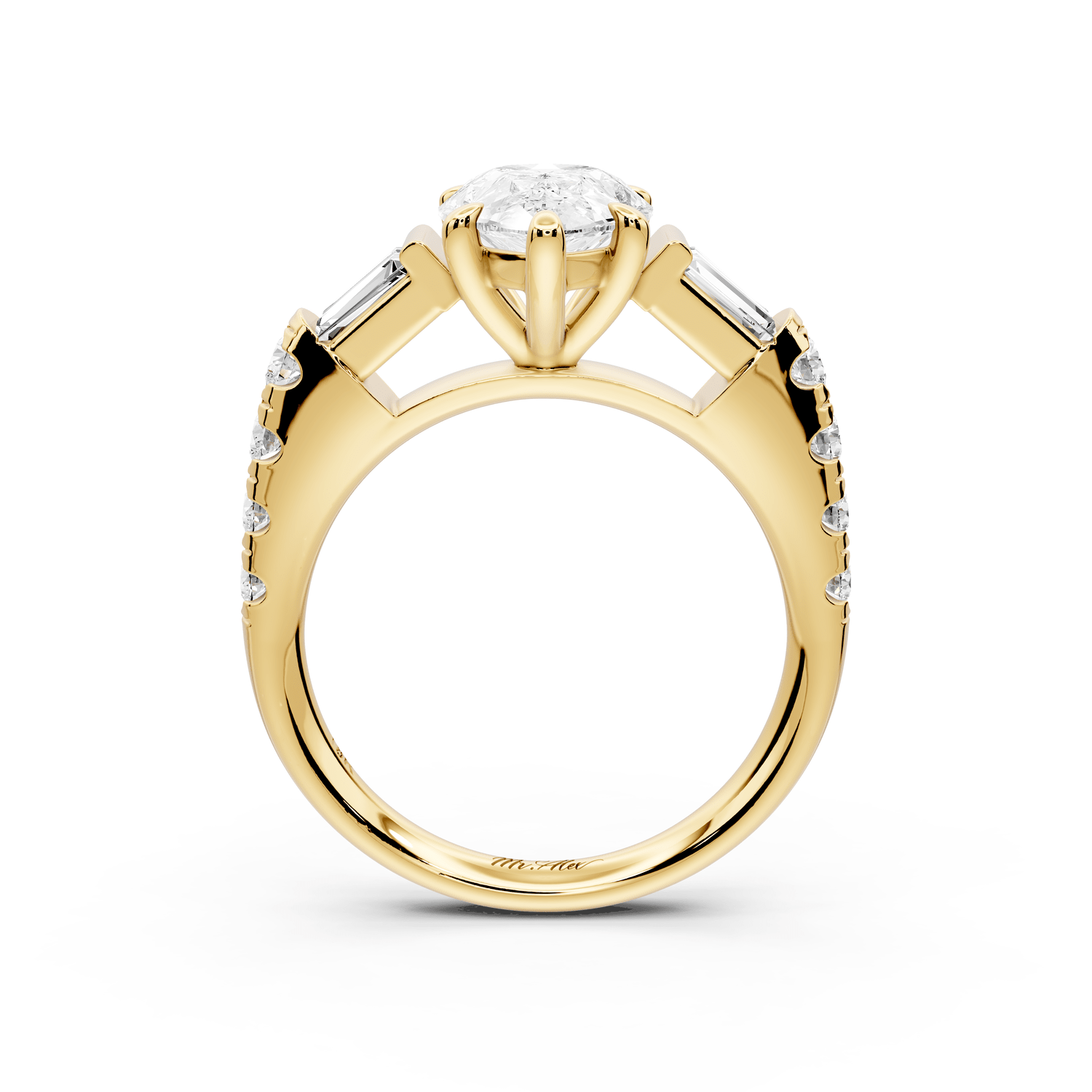 Aria - 2ct 14k yellow gold pear Diamond with tapered baguettes and round accent stones Engagement ring - Mr. Alex Jewelry