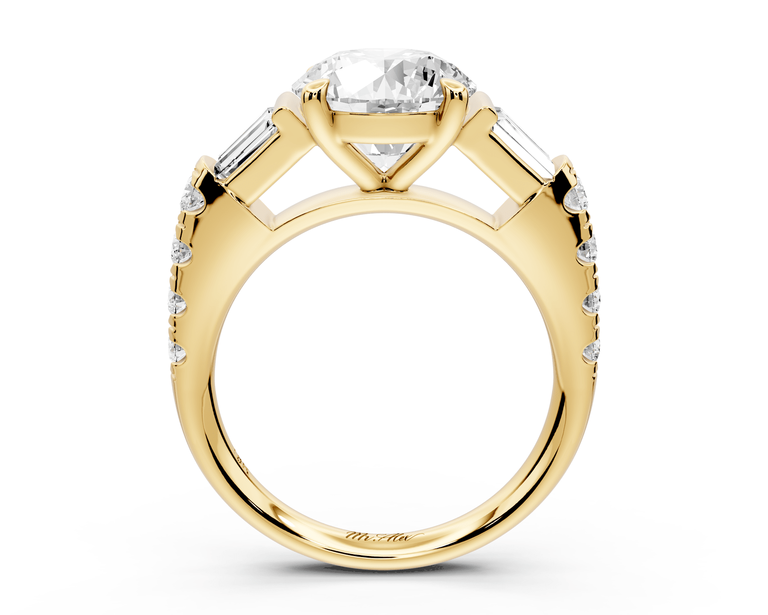 Aria - 2ct 14k yellow gold round Diamond with tapered baguettes and round accent stones engagment ring - Mr. Alex Jewelry