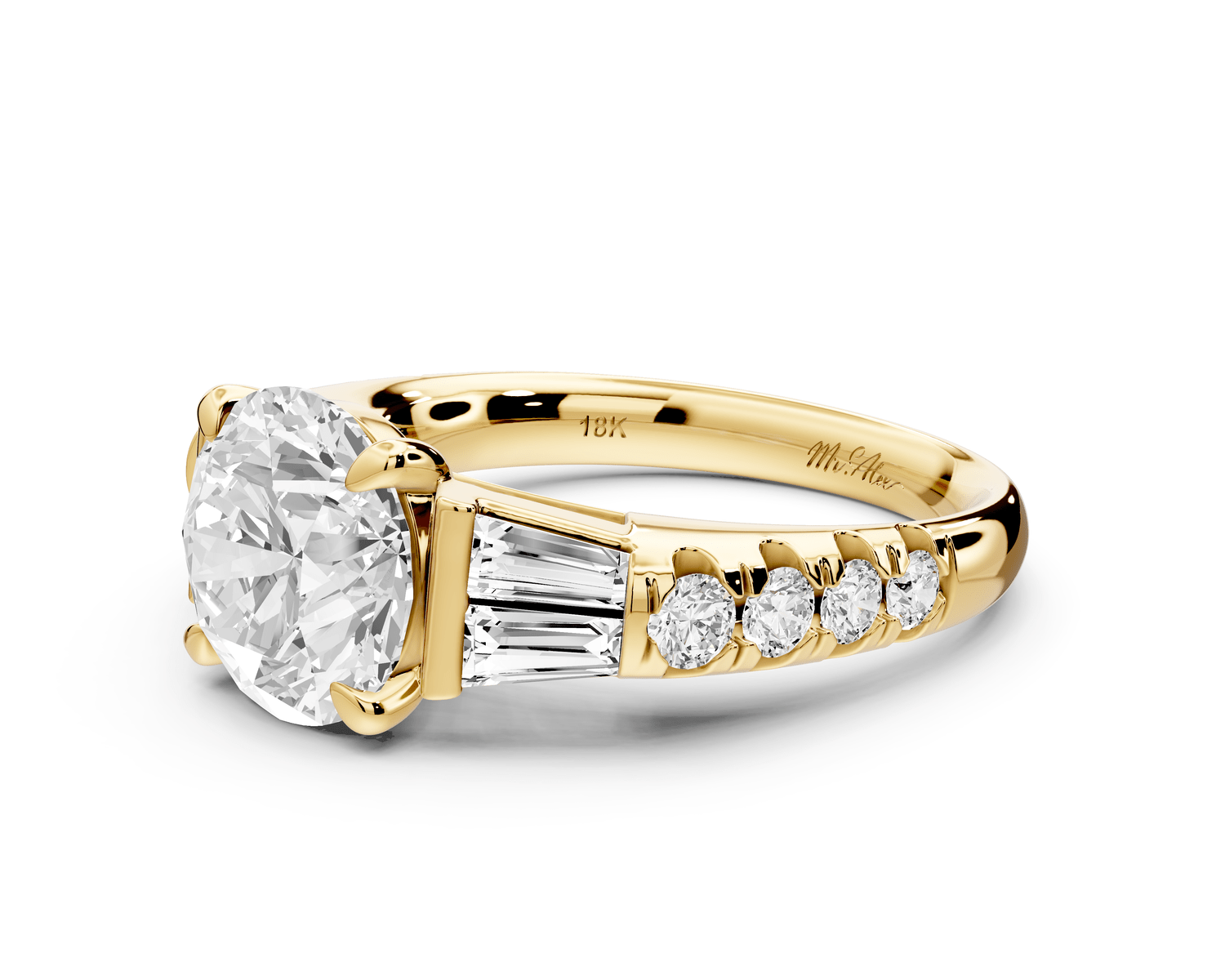 Aria - 2ct 14k yellow gold round Diamond with tapered baguettes and round accent stones engagment ring - Mr. Alex Jewelry
