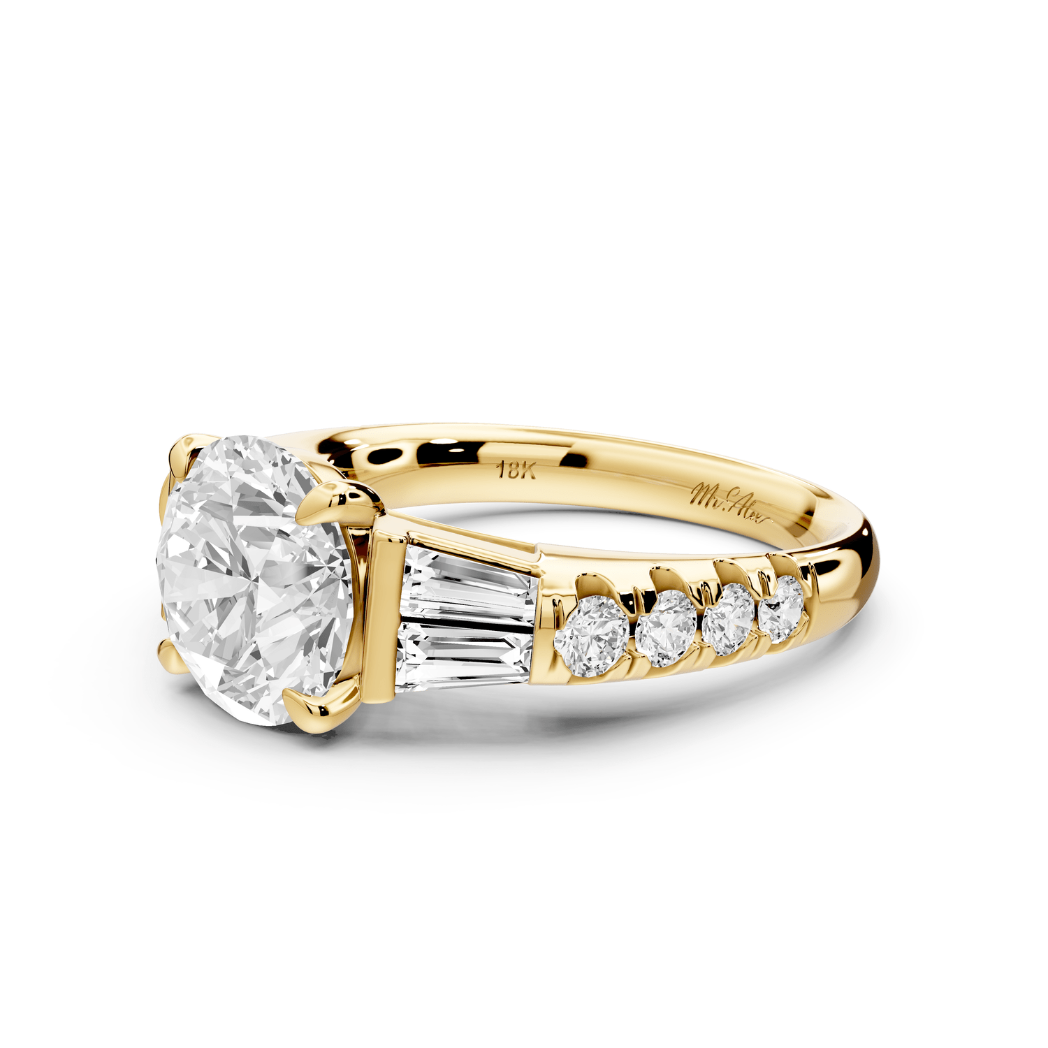 Aria - 2ct 14k yellow gold round Diamond with tapered baguettes and round accent stones engagment ring - Mr. Alex Jewelry