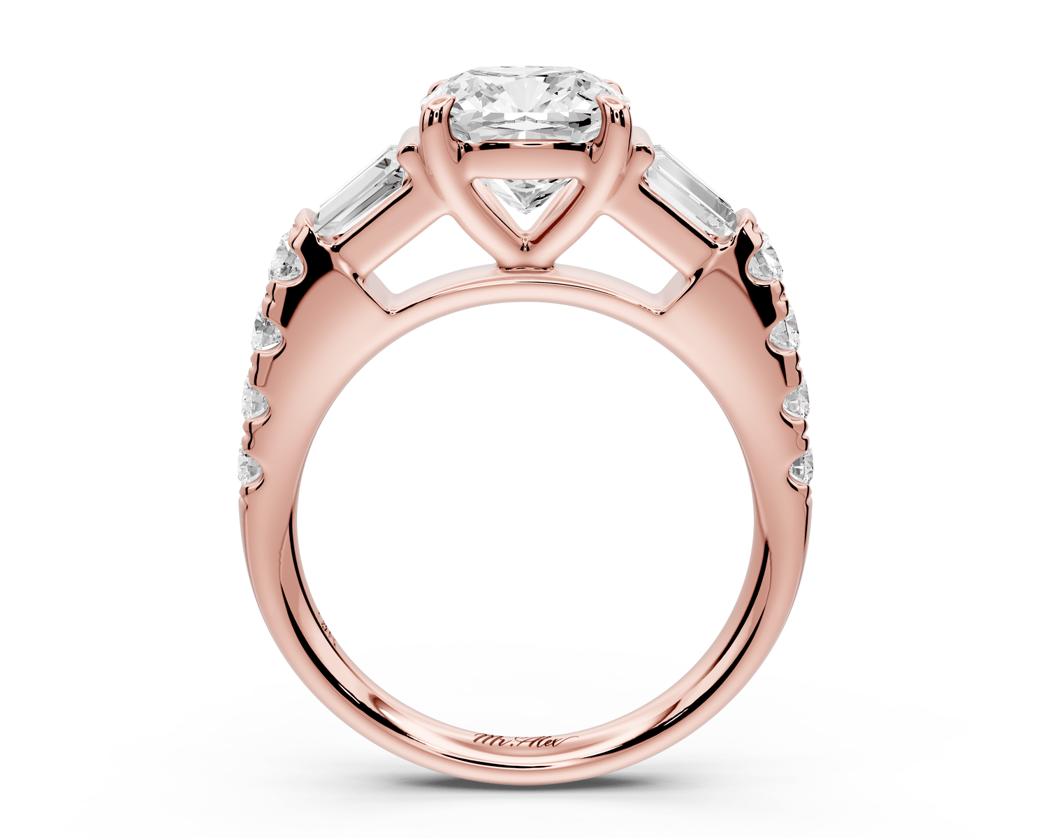 Aria - 2ct 18k rose gold cushion Diamond with tapered baguettes and round accent stones engagement ring - Mr. Alex Jewelry