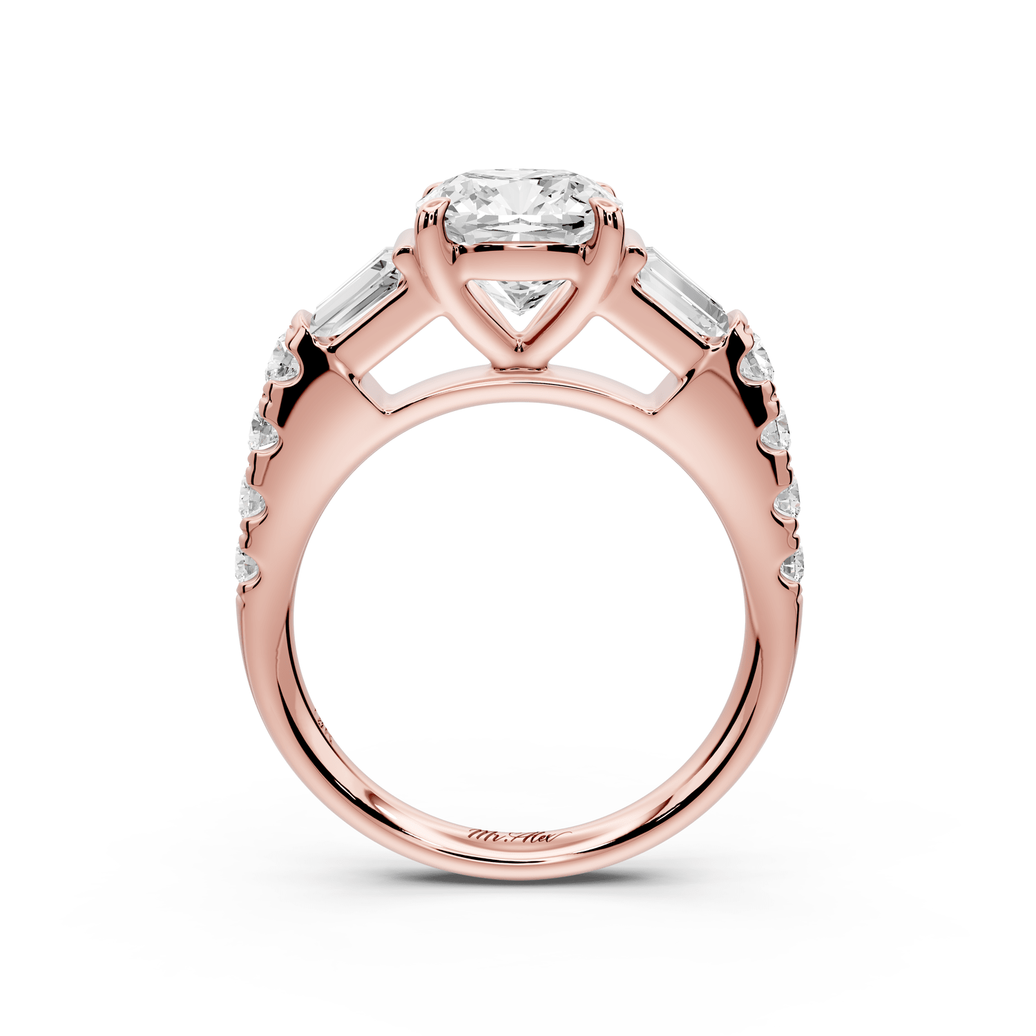 Aria - 2ct 18k rose gold cushion Diamond with tapered baguettes and round accent stones engagement ring - Mr. Alex Jewelry