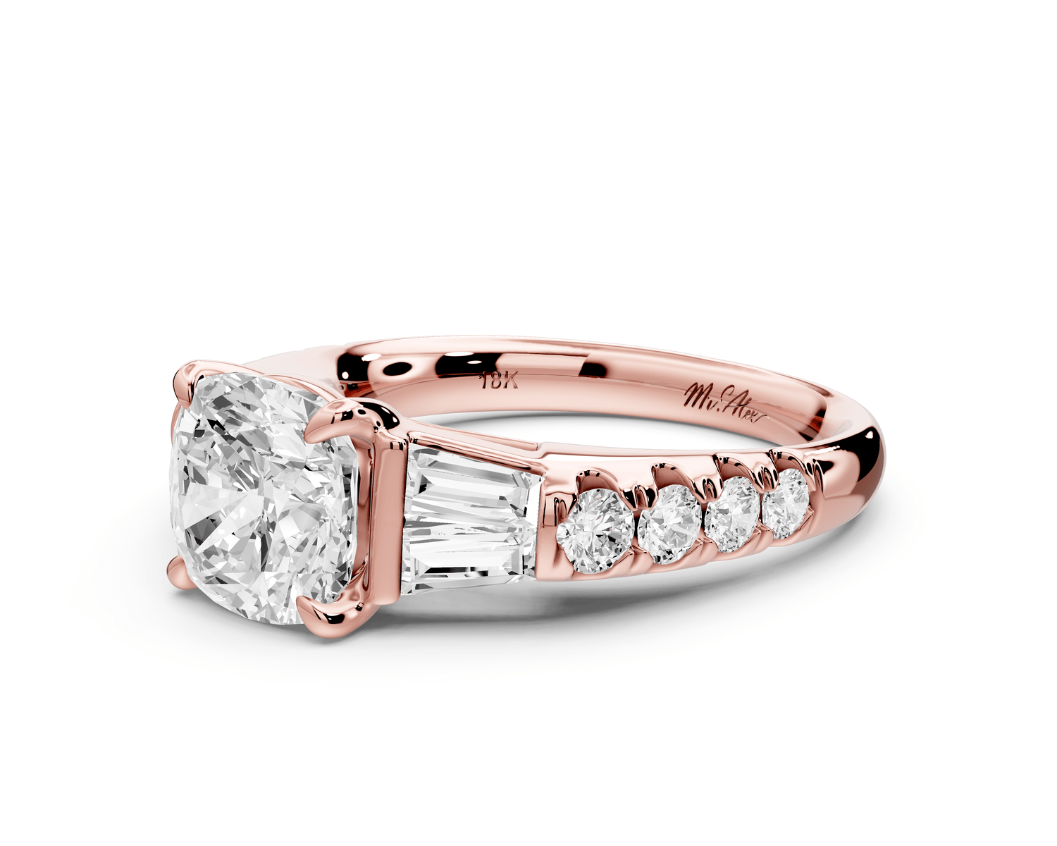 Aria - 2ct 18k rose gold cushion Diamond with tapered baguettes and round accent stones engagement ring - Mr. Alex Jewelry