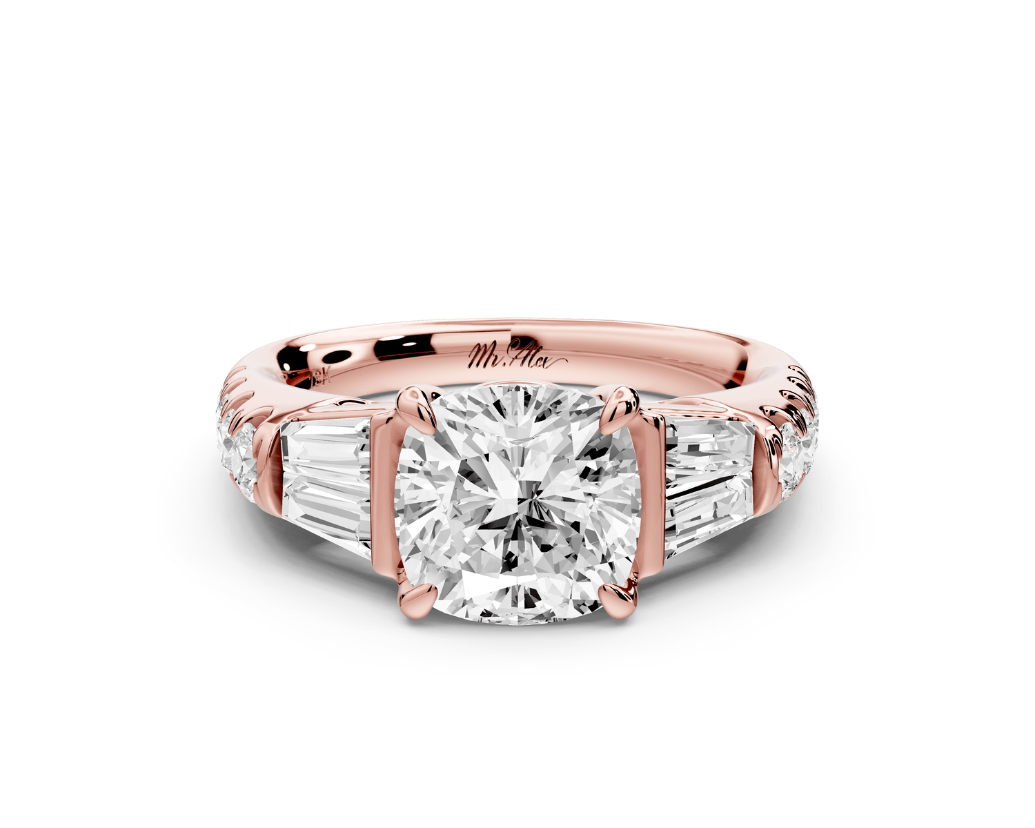 Aria - 2ct 18k rose gold cushion Diamond with tapered baguettes and round accent stones engagement ring - Mr. Alex Jewelry