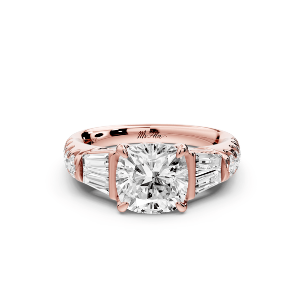 Aria - 2ct 18k rose gold cushion Diamond with tapered baguettes and round accent stones engagement ring - Mr. Alex Jewelry