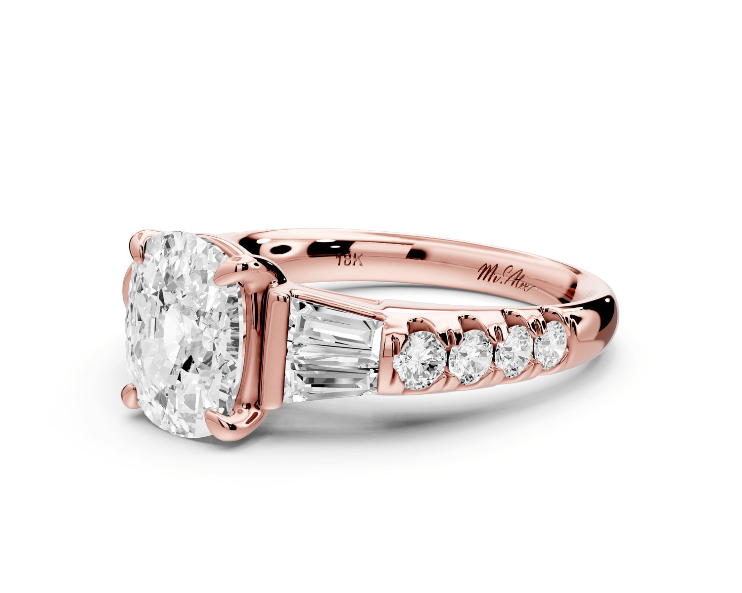 Aria - 2ct 18k rose gold Elongated Cushion Diamond with tapered baguettes and round accent stones engagement ring - Mr. Alex Jewelry