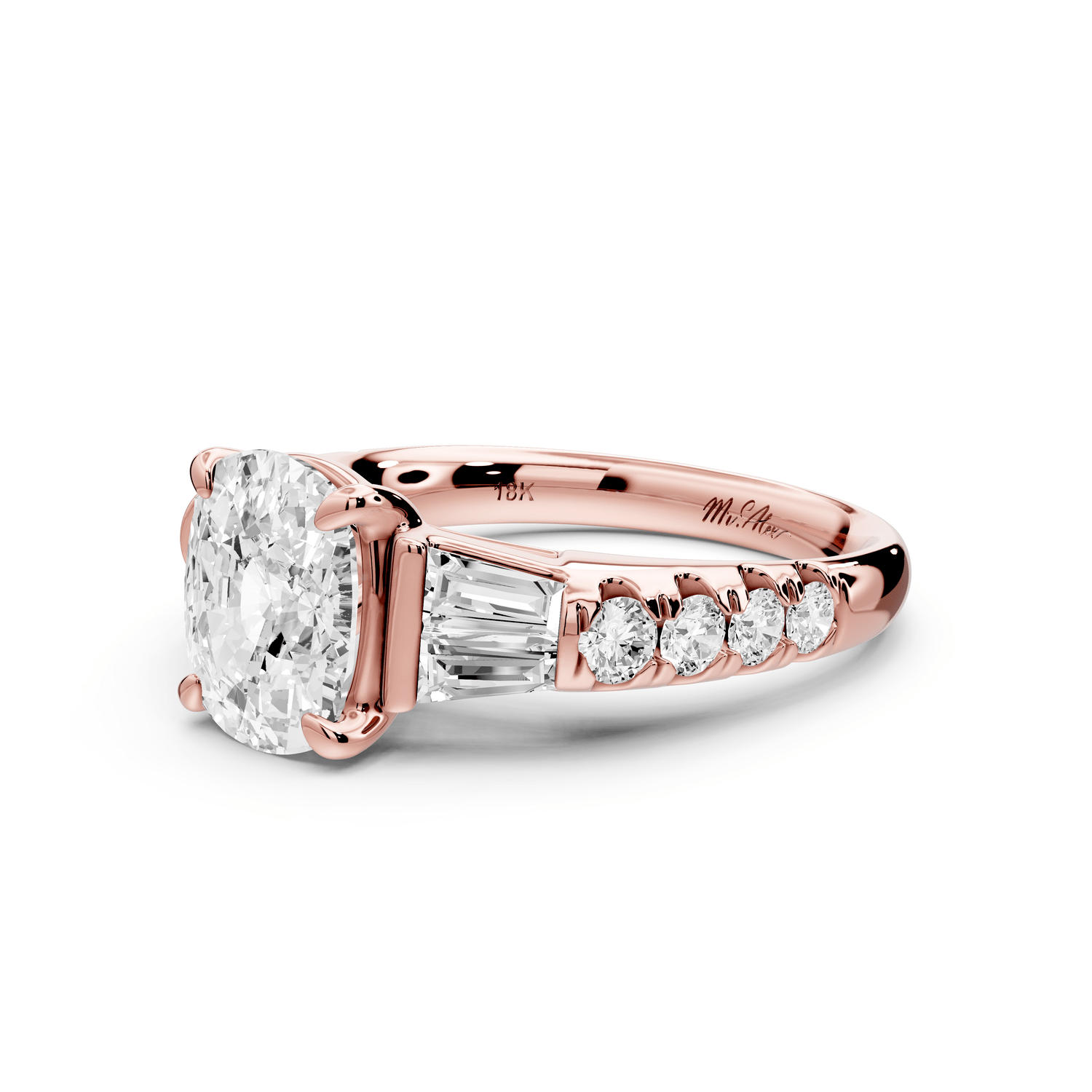 Aria - 2ct 18k rose gold Elongated Cushion Diamond with tapered baguettes and round accent stones engagement ring - Mr. Alex Jewelry