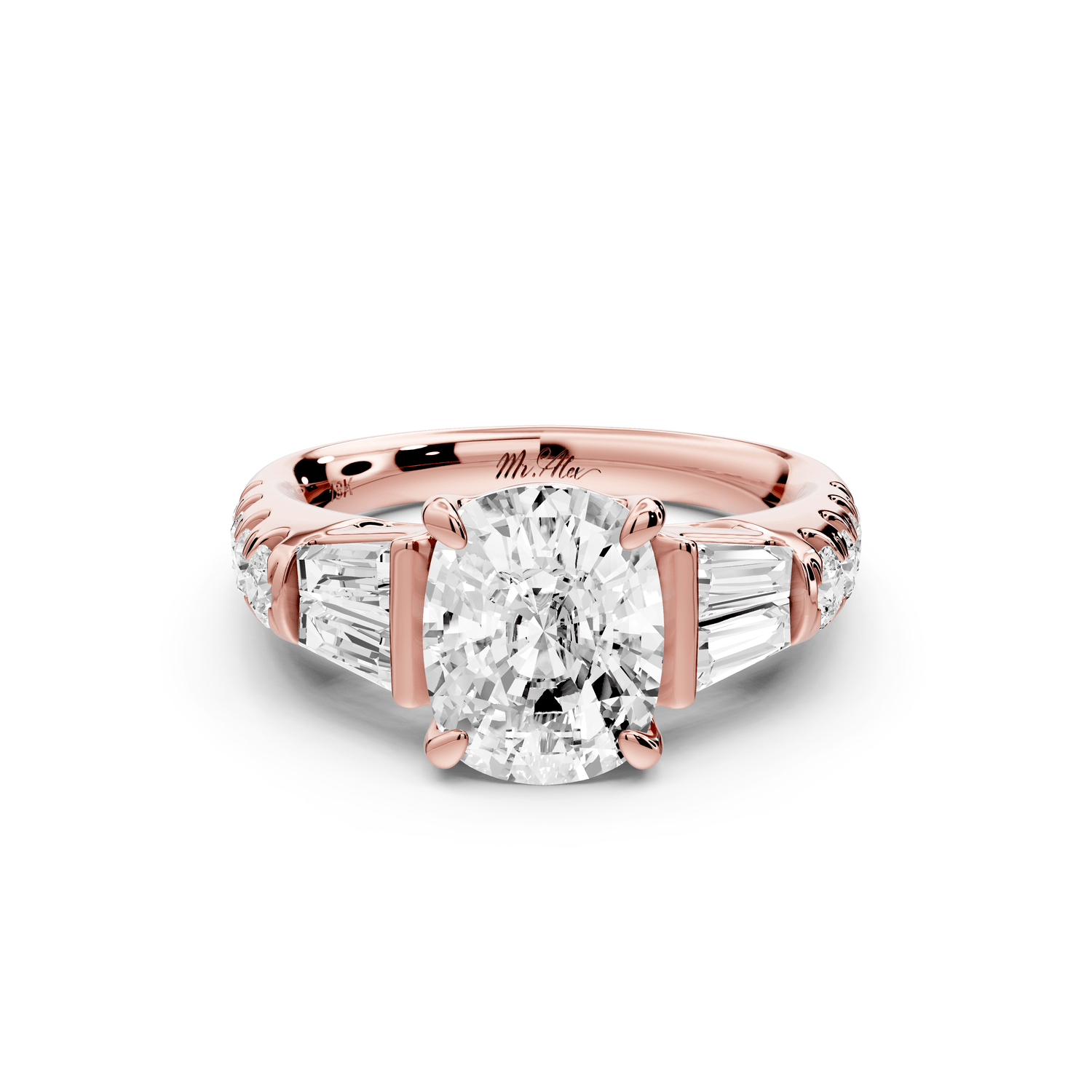 Aria - 2ct 18k rose gold Elongated Cushion Diamond with tapered baguettes and round accent stones engagement ring - Mr. Alex Jewelry
