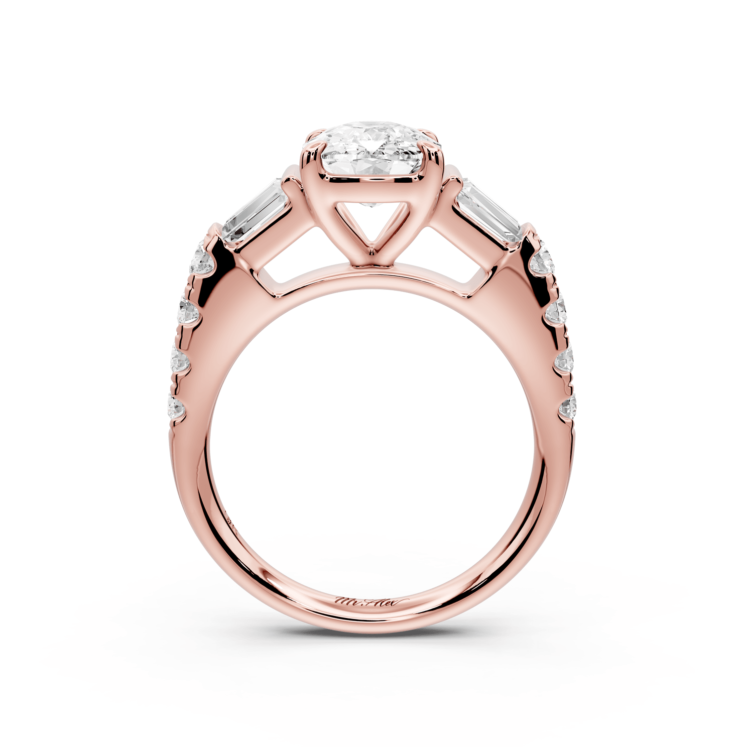 Aria - 2ct 18k rose gold Elongated Cushion Diamond with tapered baguettes and round accent stones engagement ring - Mr. Alex Jewelry