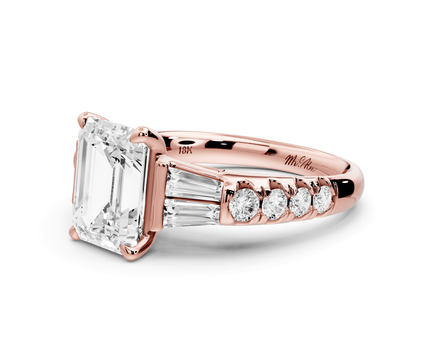 Aria - 2ct 18k rose gold emerald Diamond with tapered baguettes and round accent stones Engagement ring - Mr. Alex Jewelry