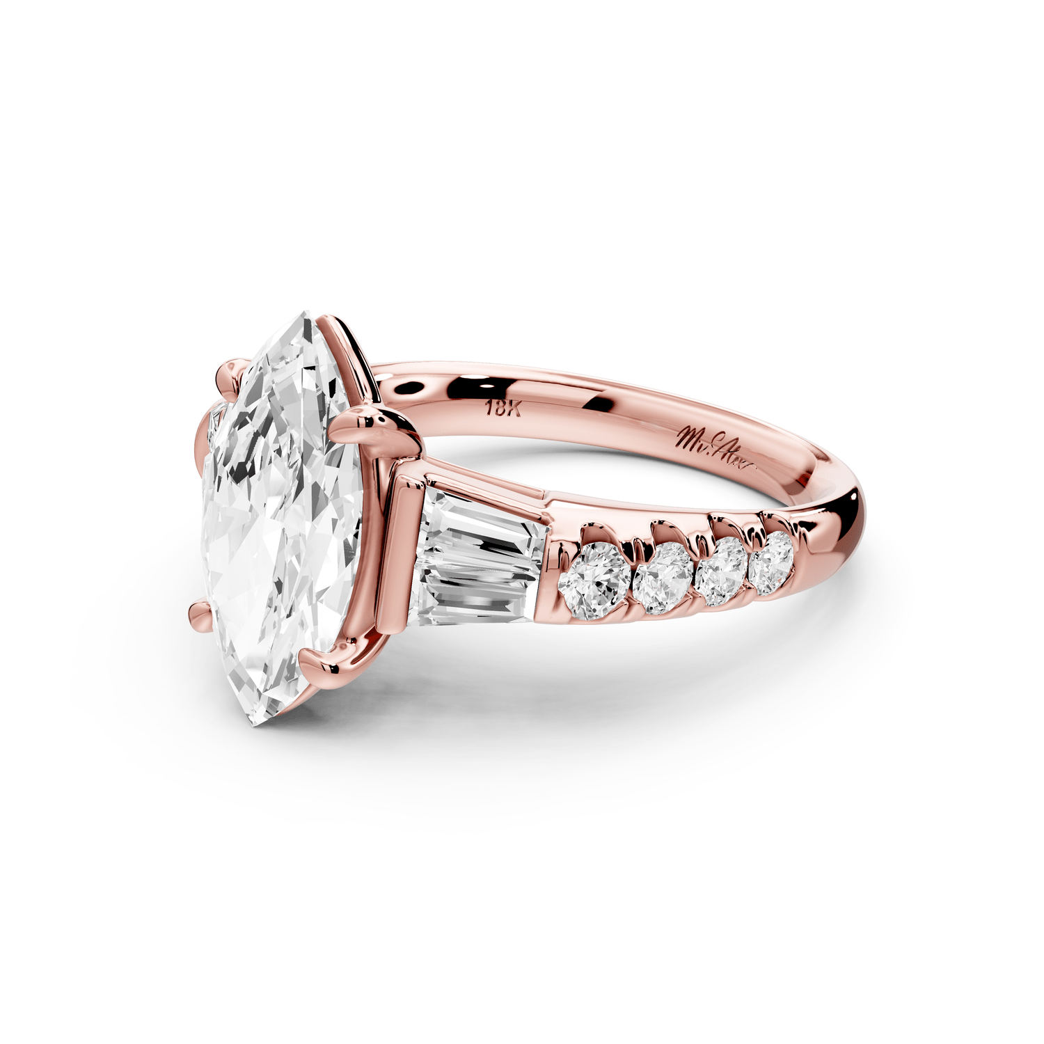 Aria - 2ct 18k rose gold marquise Diamond with tapered baguettes and round accent stones engagement ring - Mr. Alex Jewelry