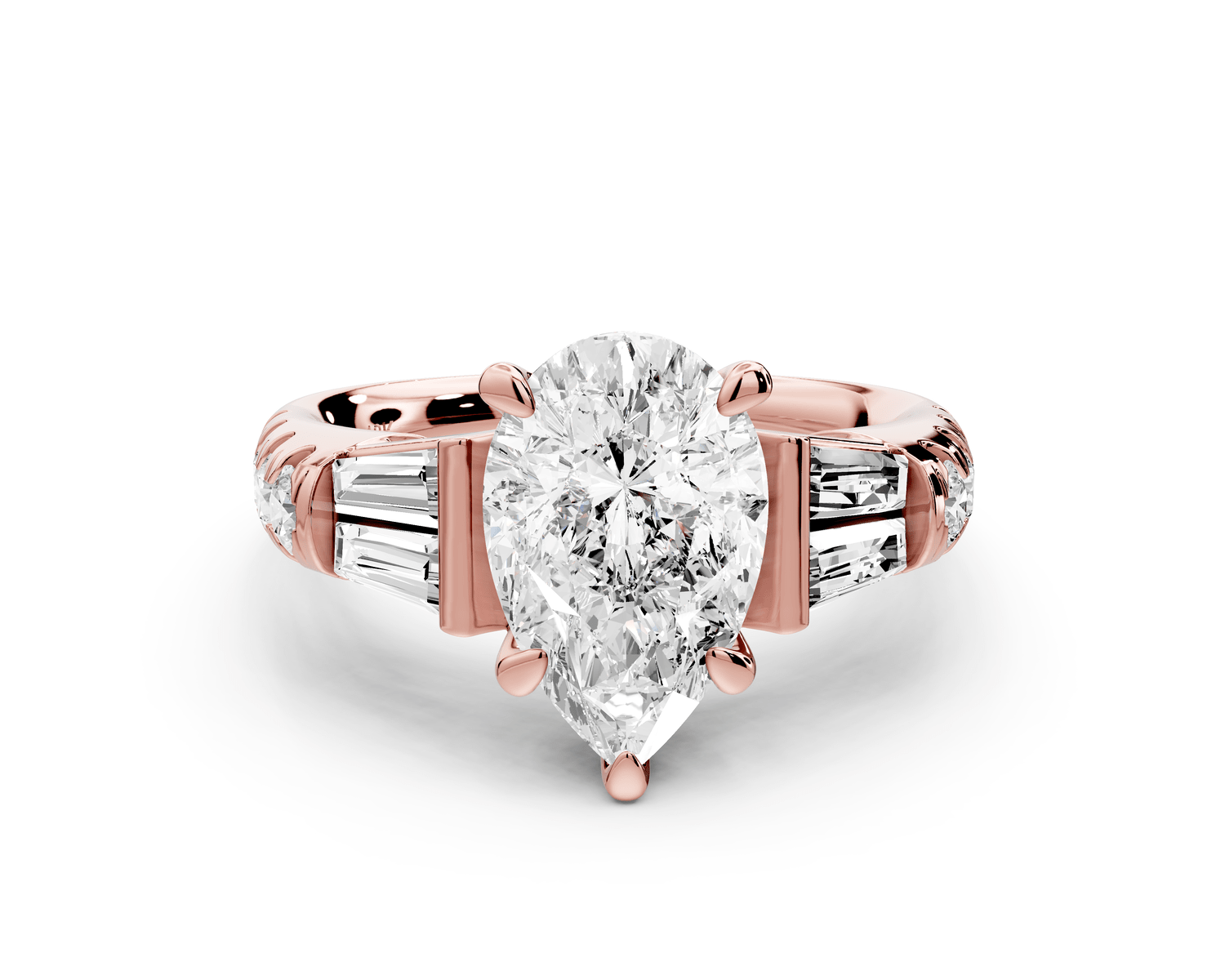 Aria - 2ct 18k rose gold pear Diamond with tapered baguettes and round accent stones Engagement ring - Mr. Alex Jewelry