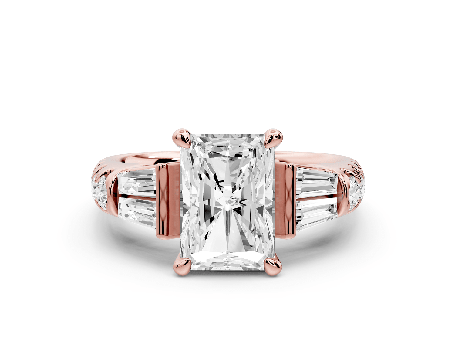 Aria - 2ct 18k rose gold radiant Diamond with tapered baguettes and round accent stones engagement ring - Mr. Alex Jewelry