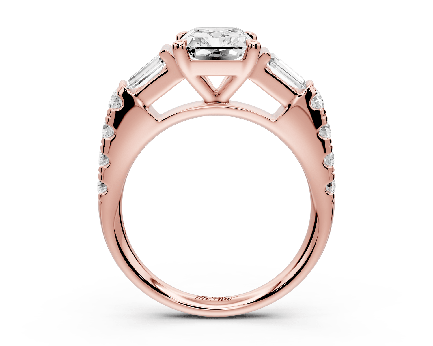 Aria - 2ct 18k rose gold radiant Diamond with tapered baguettes and round accent stones engagement ring - Mr. Alex Jewelry
