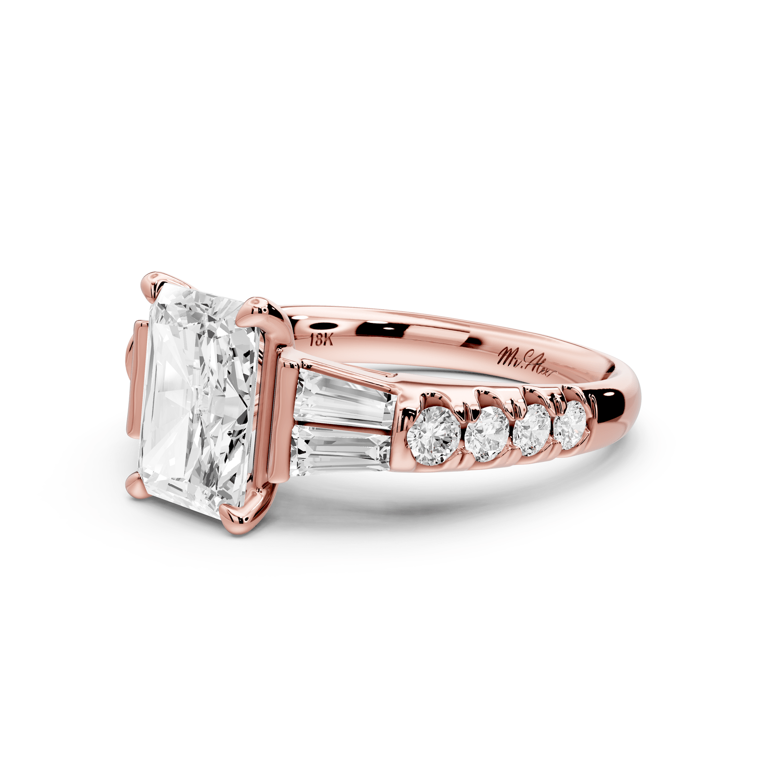 Aria - 2ct 18k rose gold radiant Diamond with tapered baguettes and round accent stones engagement ring - Mr. Alex Jewelry