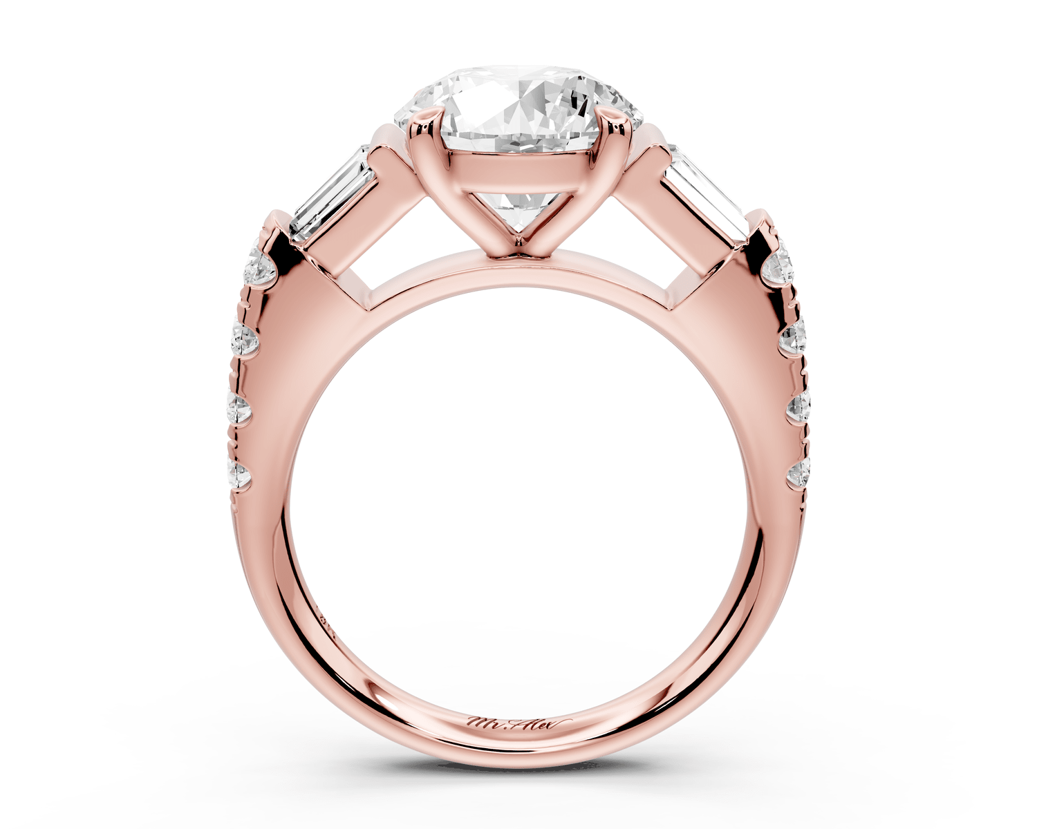 Aria - 2ct 18k rose gold round Diamond with tapered baguettes and round accent stones engagment ring - Mr. Alex Jewelry