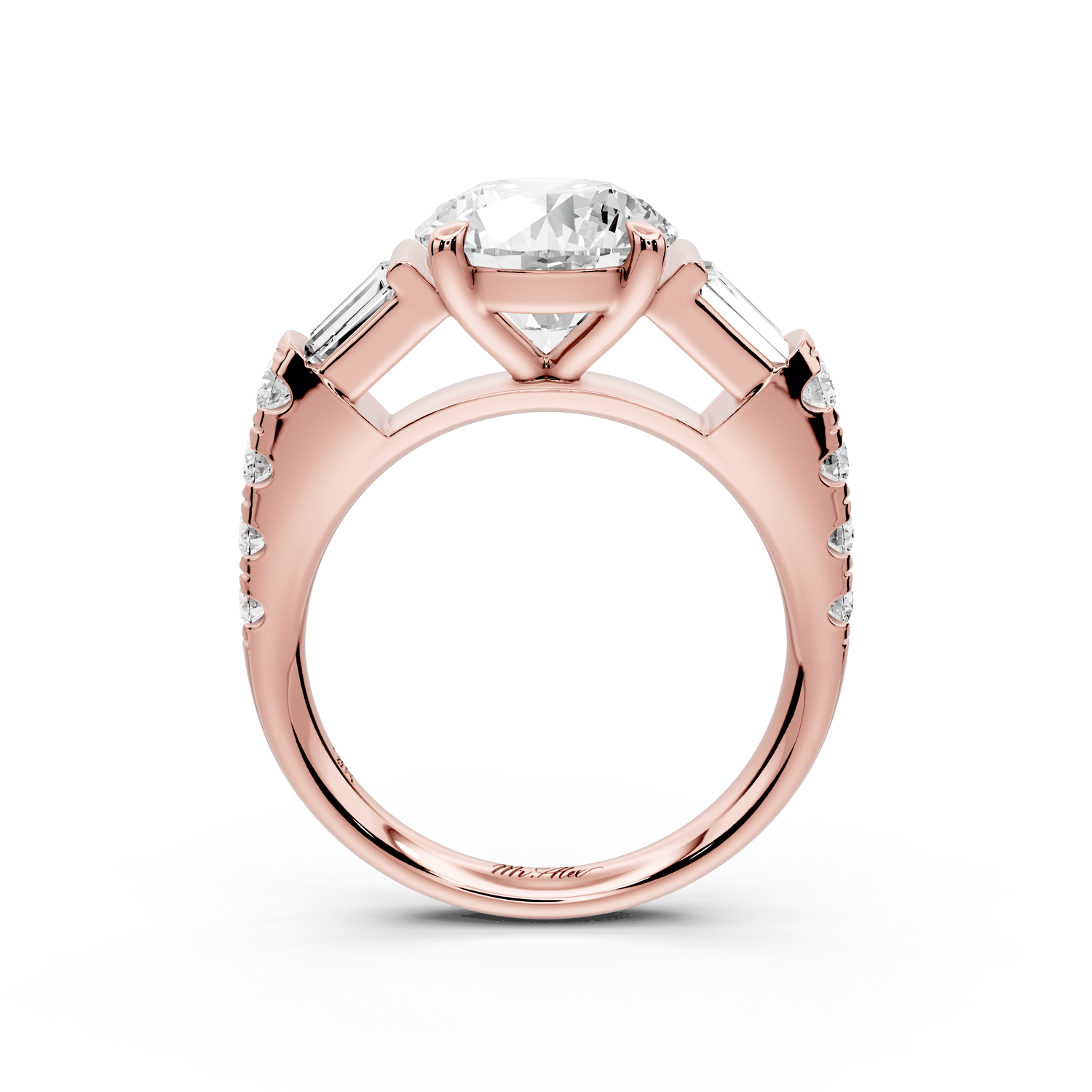 Aria - 2ct 18k rose gold round Diamond with tapered baguettes and round accent stones engagment ring - Mr. Alex Jewelry