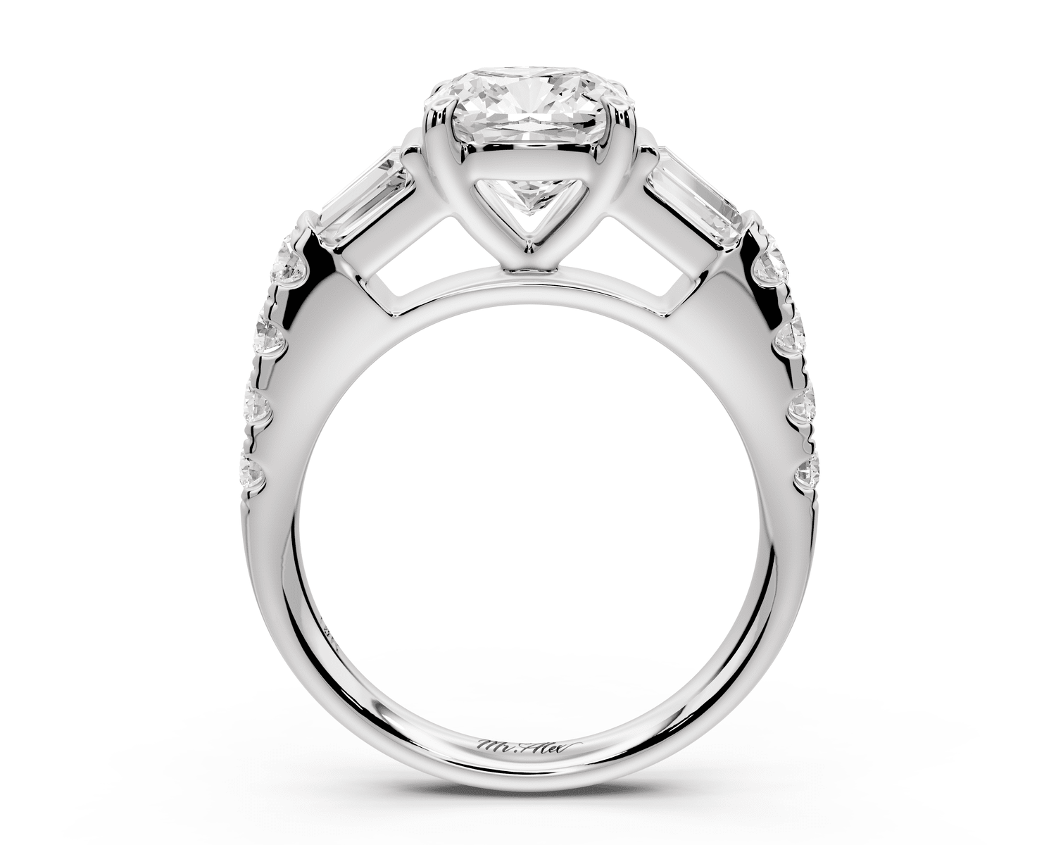 Aria - 2ct 18k white gold cushion Diamond with tapered baguettes and round accent stones engagement ring - Mr. Alex Jewelry