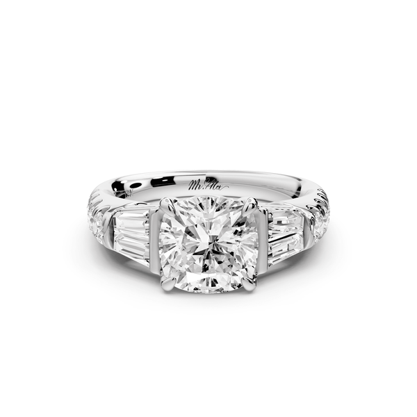 Aria - 2ct 18k white gold cushion Diamond with tapered baguettes and round accent stones engagement ring - Mr. Alex Jewelry