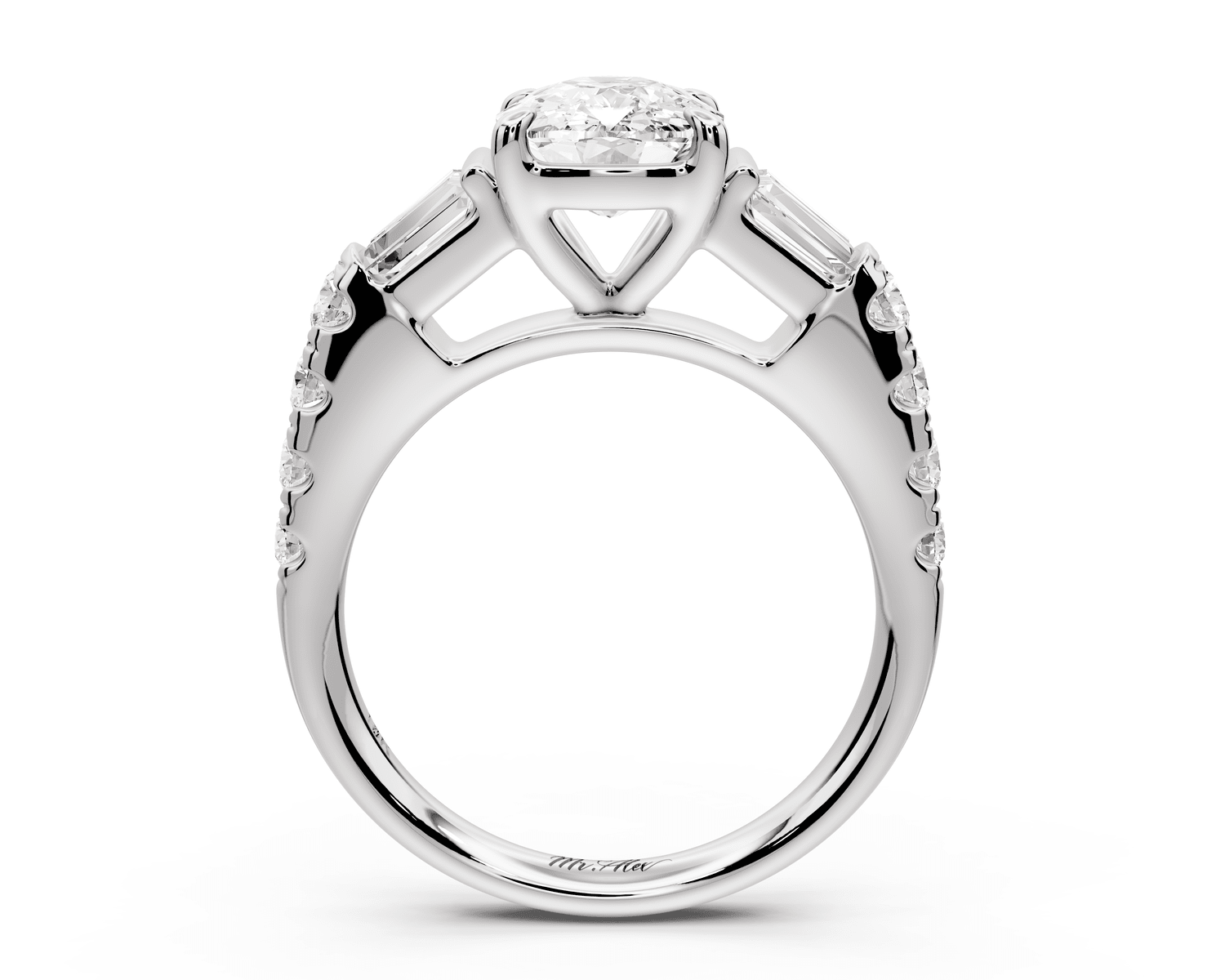 Aria - 2ct 18k white gold Elongated Cushion Diamond with tapered baguettes and round accent stones engagement ring - Mr. Alex Jewelry