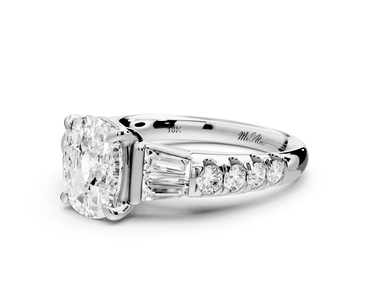 Aria - 2ct 18k white gold Elongated Cushion Diamond with tapered baguettes and round accent stones engagement ring - Mr. Alex Jewelry