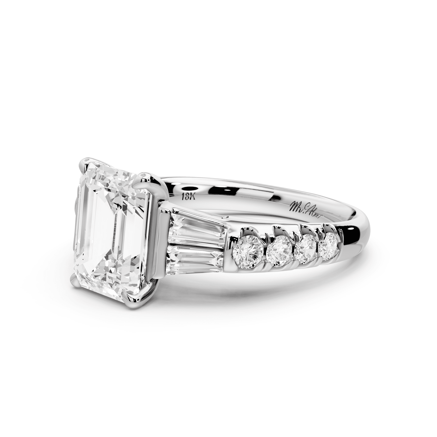 Aria - 2ct 18k white gold emerald Diamond with tapered baguettes and round accent stones Engagement ring - Mr. Alex Jewelry
