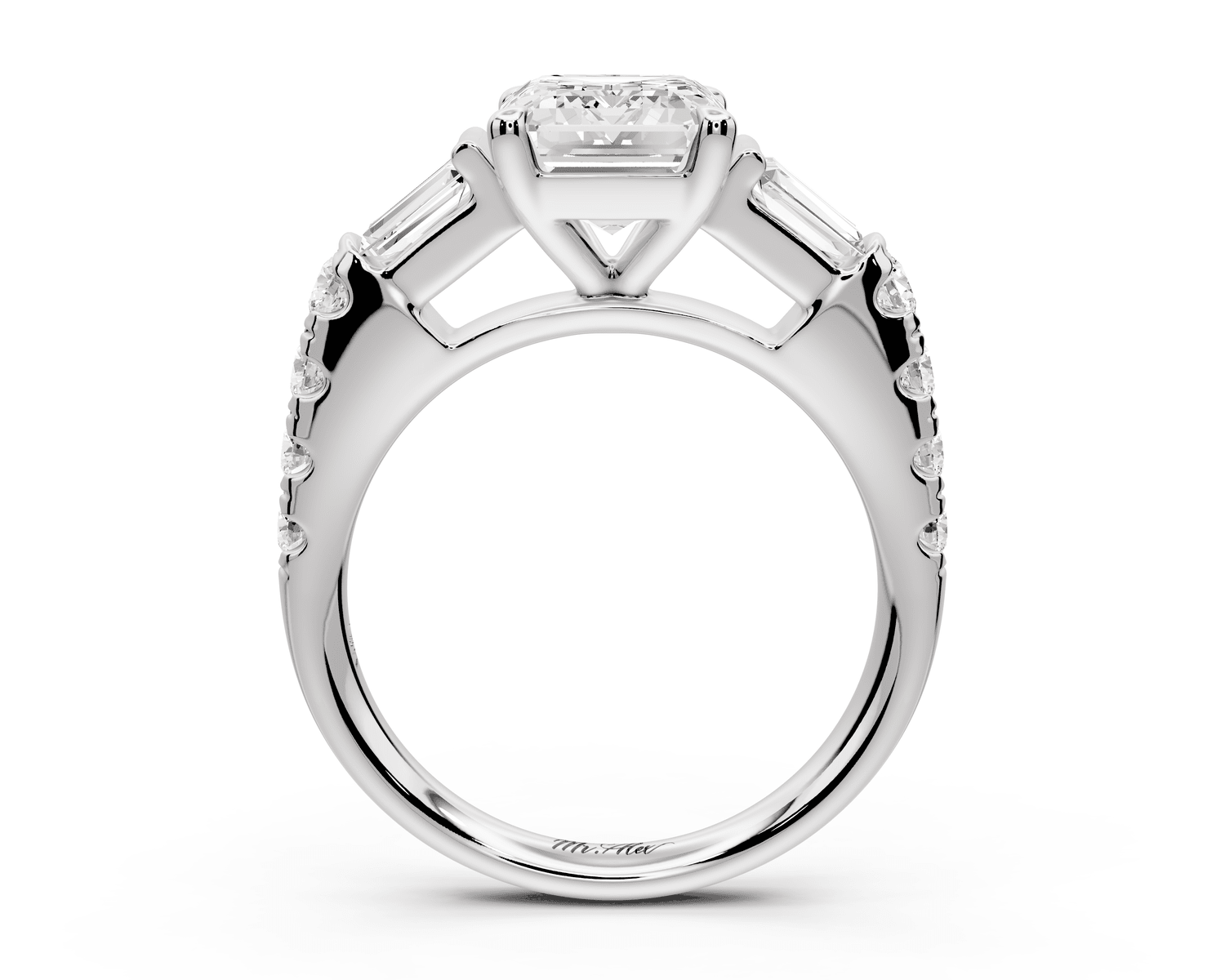 Aria - 2ct 18k white gold emerald Diamond with tapered baguettes and round accent stones Engagement ring - Mr. Alex Jewelry
