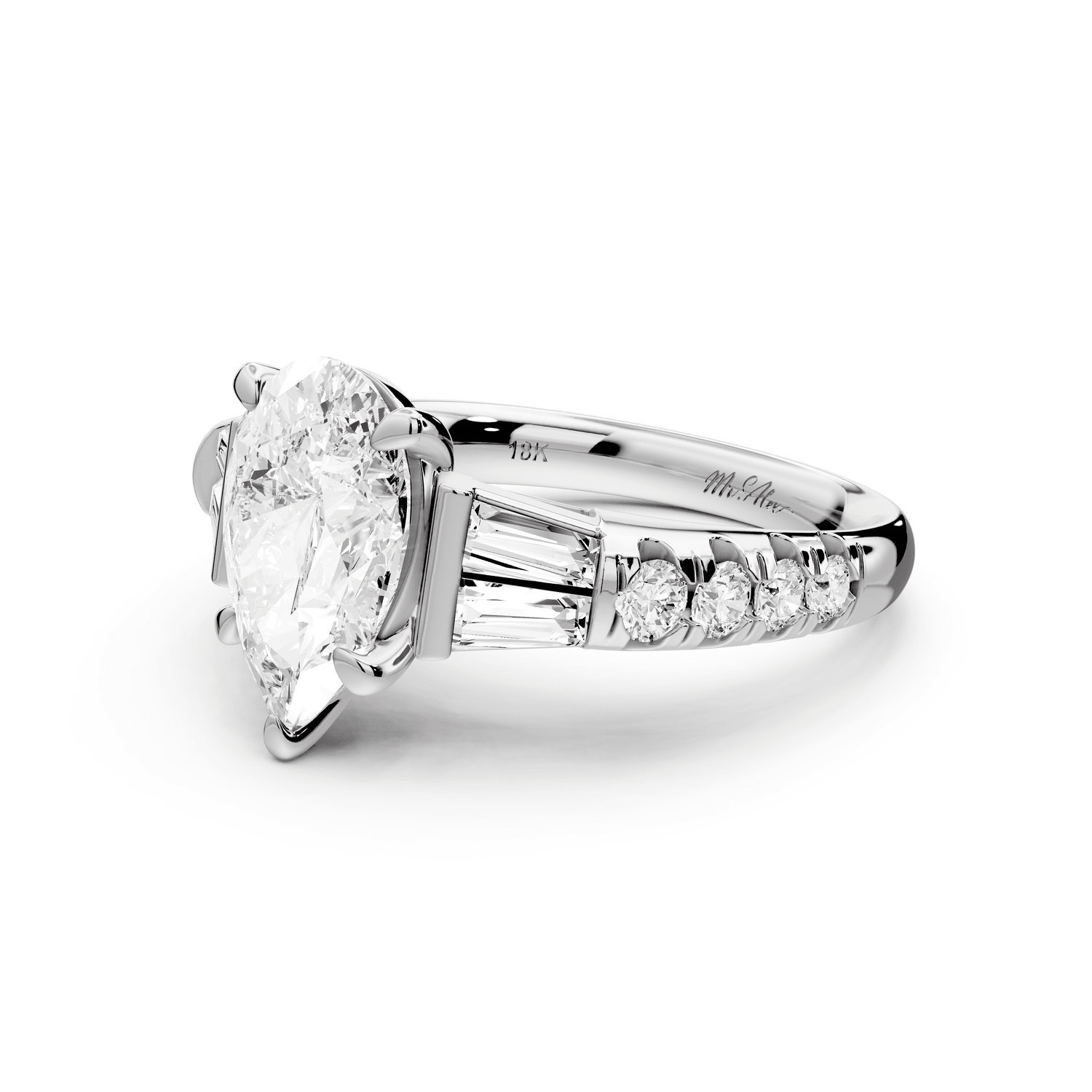 Aria - 2ct 18k white gold pear Diamond with tapered baguettes and round accent stones Engagement ring - Mr. Alex Jewelry