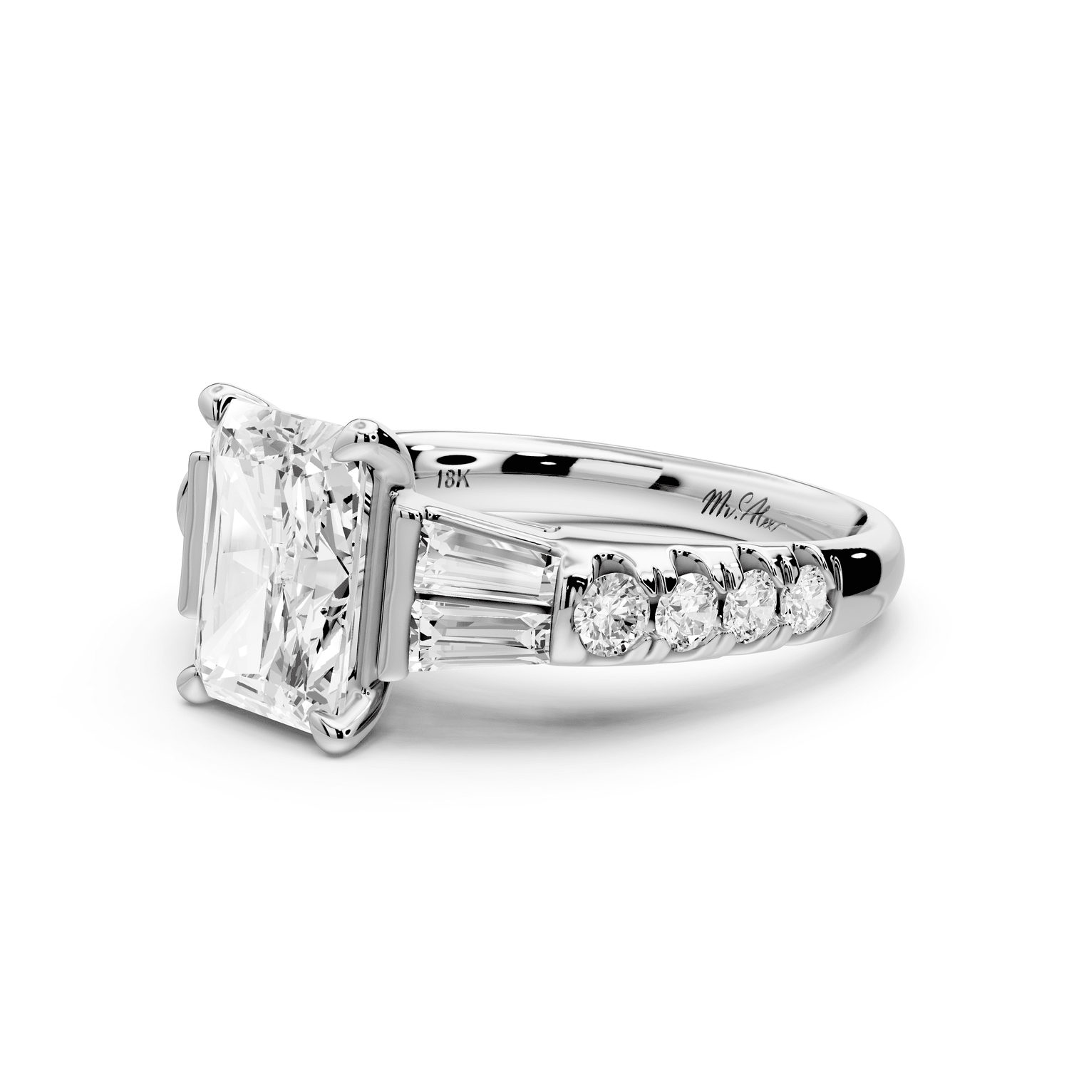Aria - 2ct 18k white gold radiant Diamond with tapered baguettes and round accent stones engagement ring - Mr. Alex Jewelry
