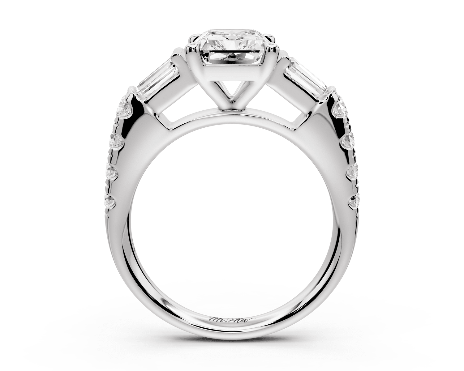 Aria - 2ct 18k white gold radiant Diamond with tapered baguettes and round accent stones engagement ring - Mr. Alex Jewelry