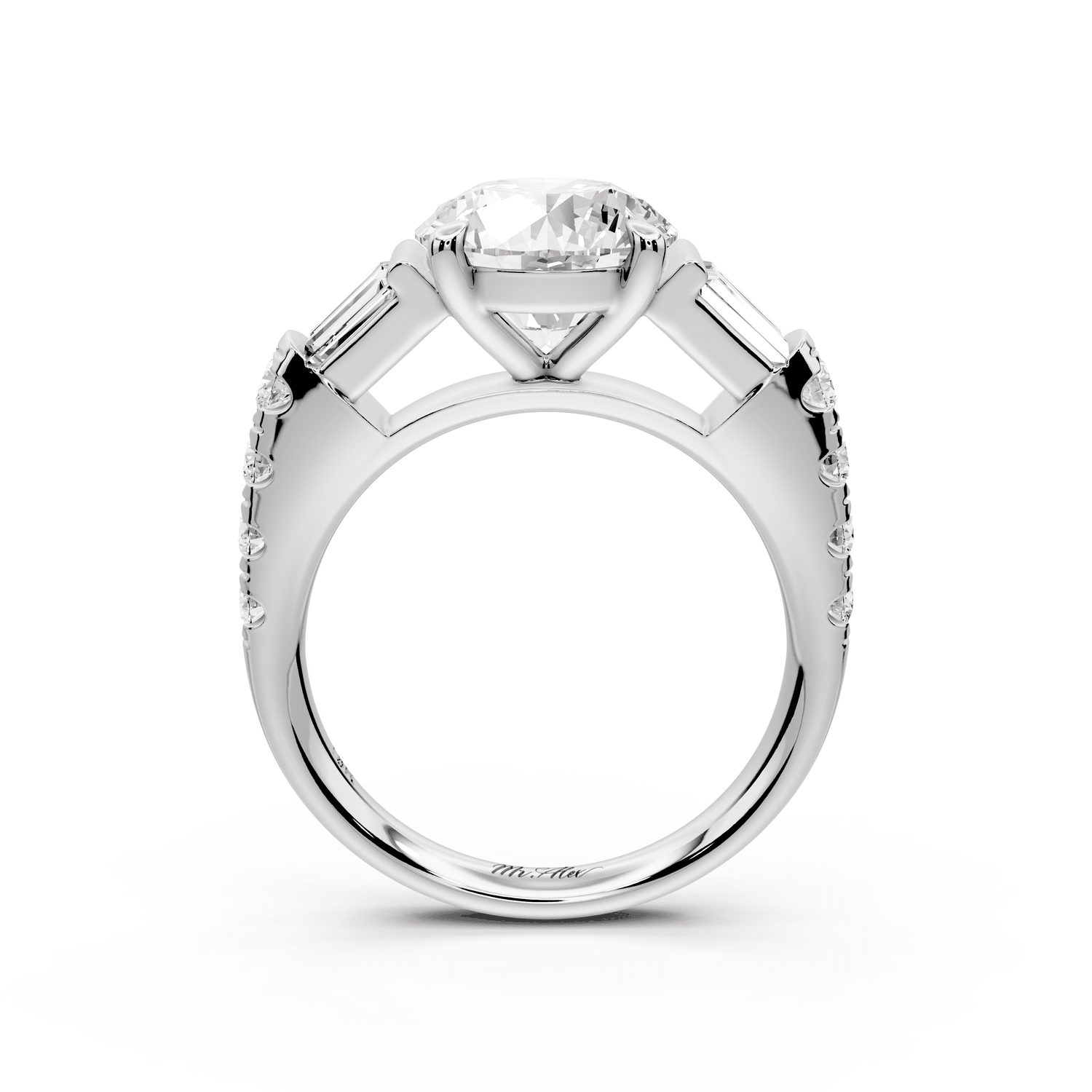 Aria - 2ct 18k white gold round Diamond with tapered baguettes and round accent stones engagment ring - Mr. Alex Jewelry