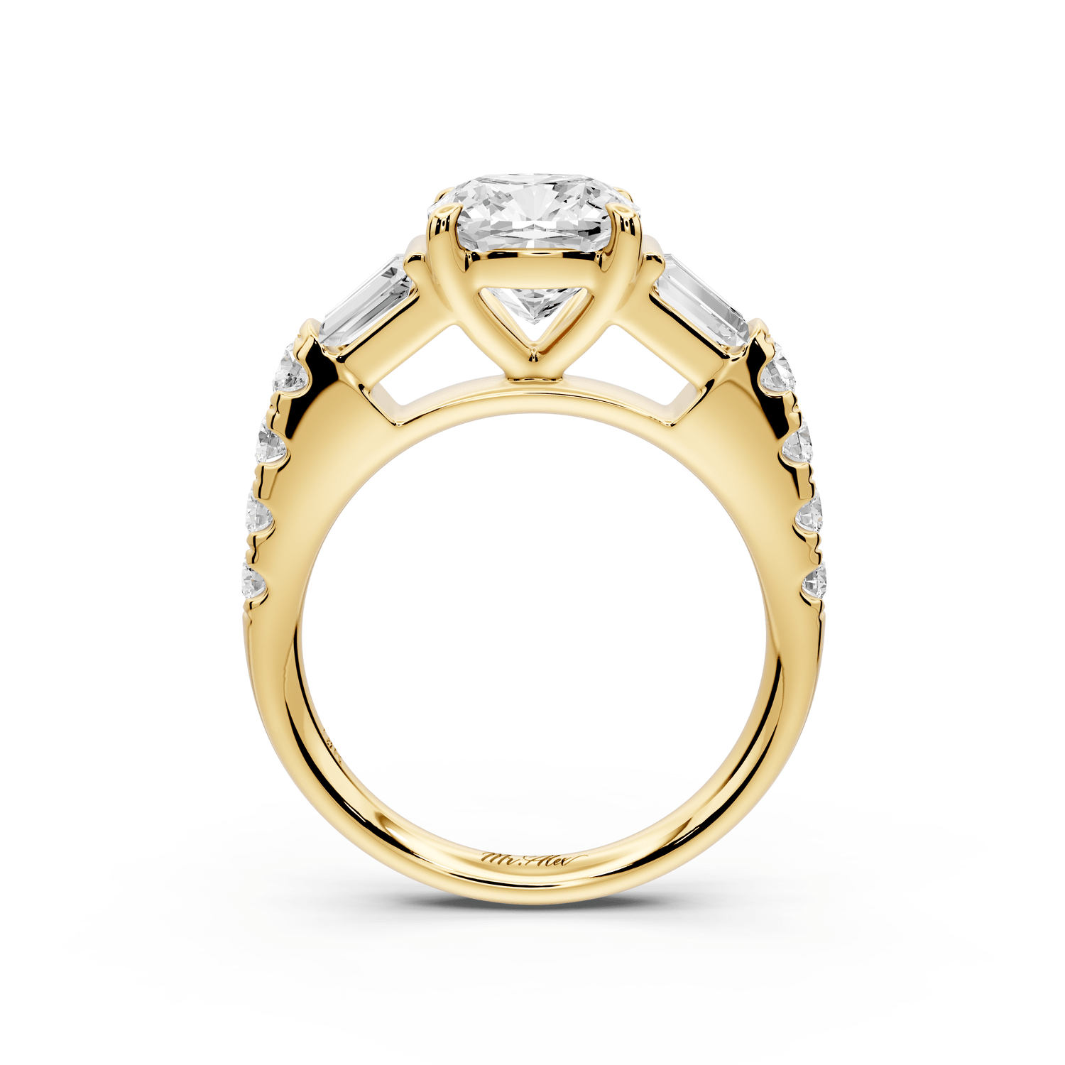 Aria - 2ct 18k yellow gold cushion Diamond with tapered baguettes and round accent stones engagement ring - Mr. Alex Jewelry