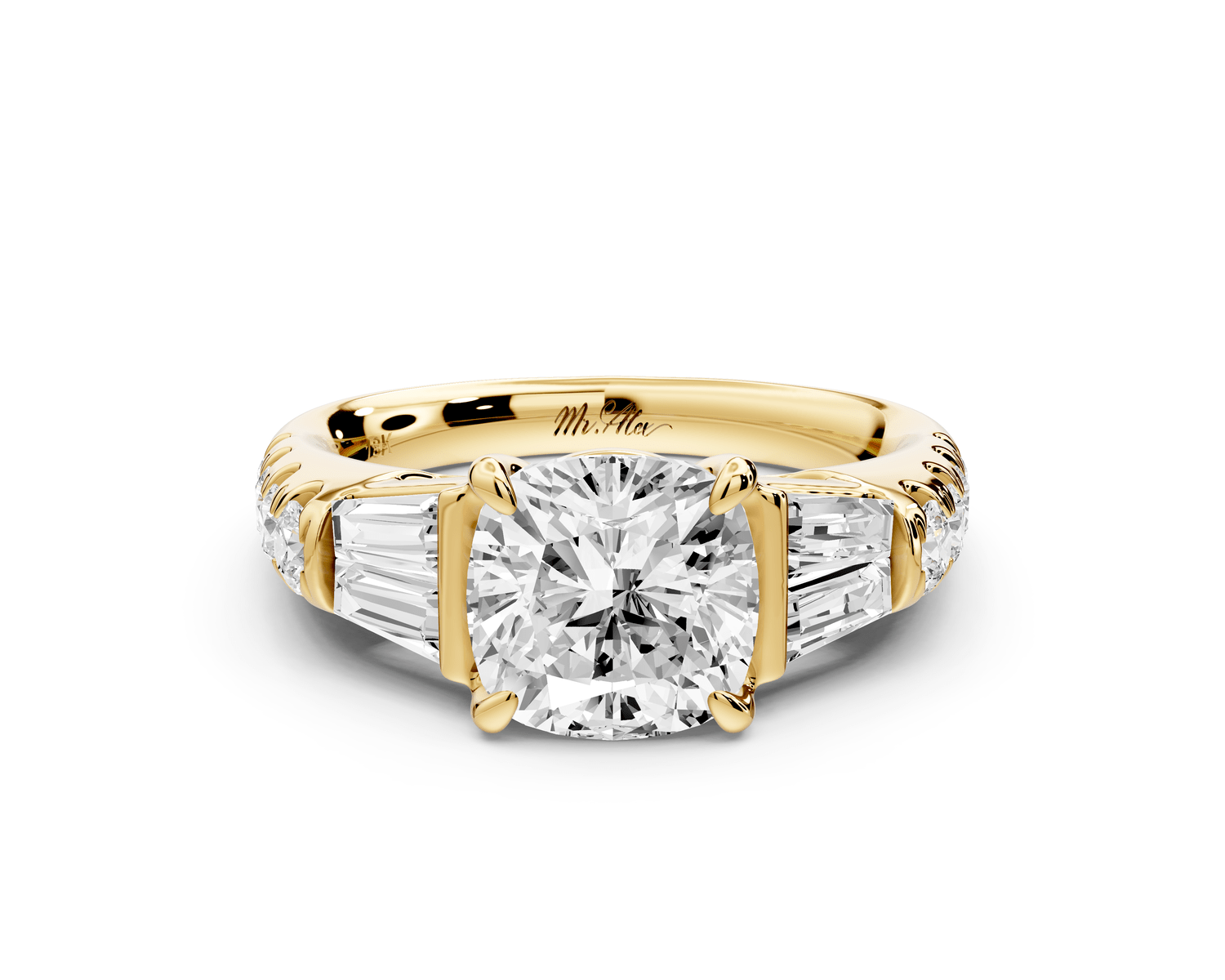 Aria - 2ct 18k yellow gold cushion Diamond with tapered baguettes and round accent stones engagement ring - Mr. Alex Jewelry