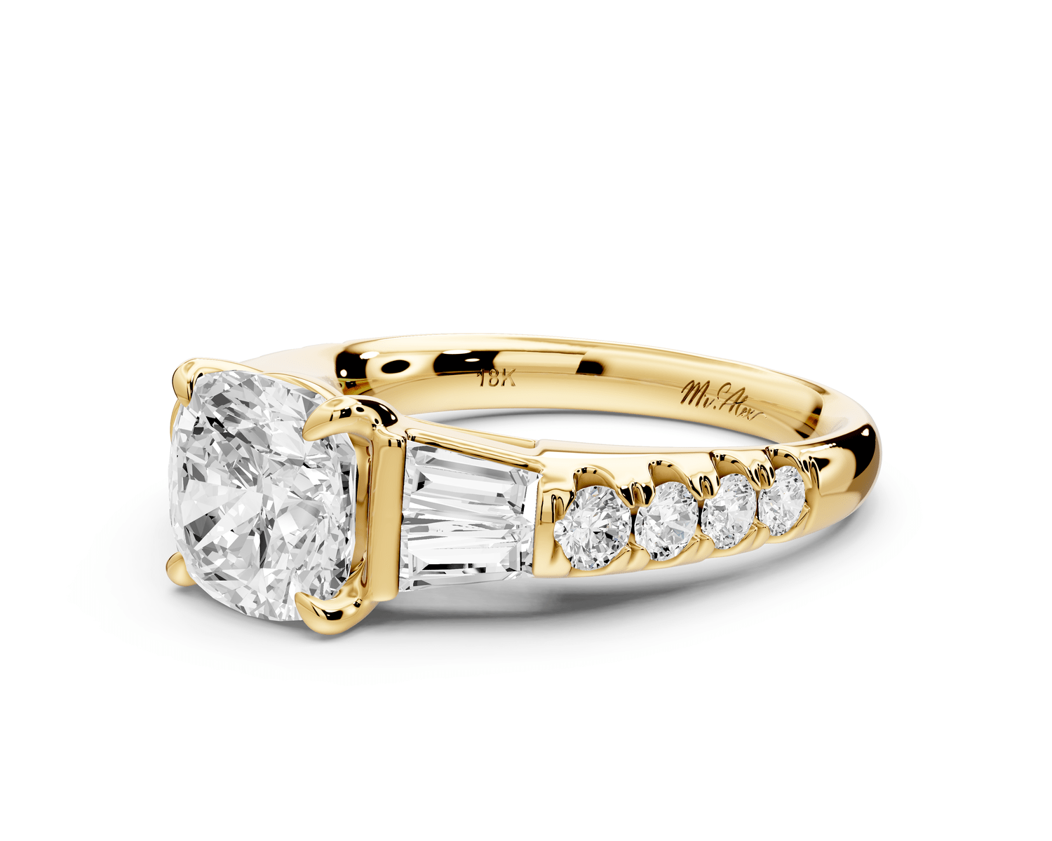 Aria - 2ct 18k yellow gold cushion Diamond with tapered baguettes and round accent stones engagement ring - Mr. Alex Jewelry