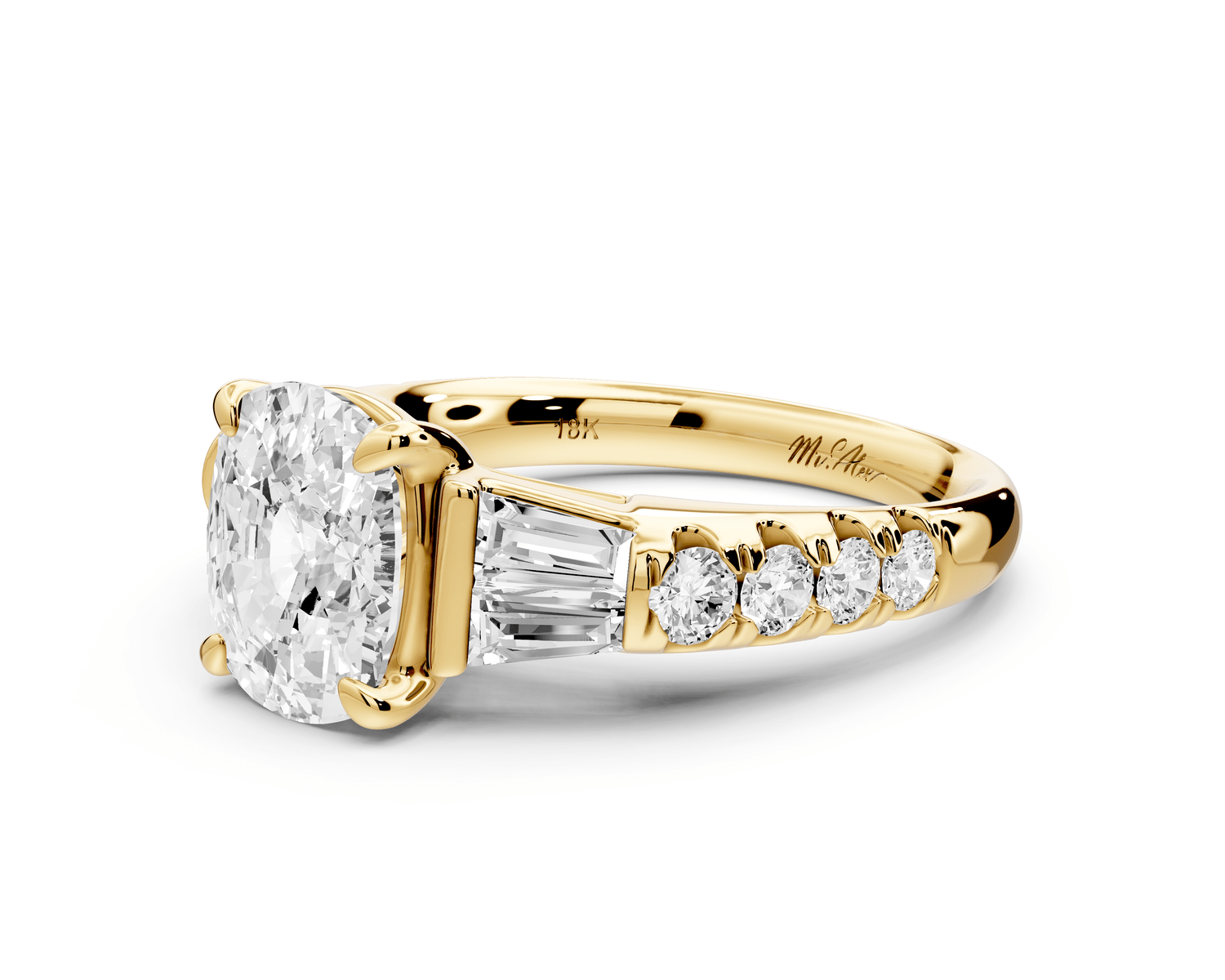 Aria - 2ct 18k yellow gold Elongated Cushion Diamond with tapered baguettes and round accent stones engagement ring - Mr. Alex Jewelry