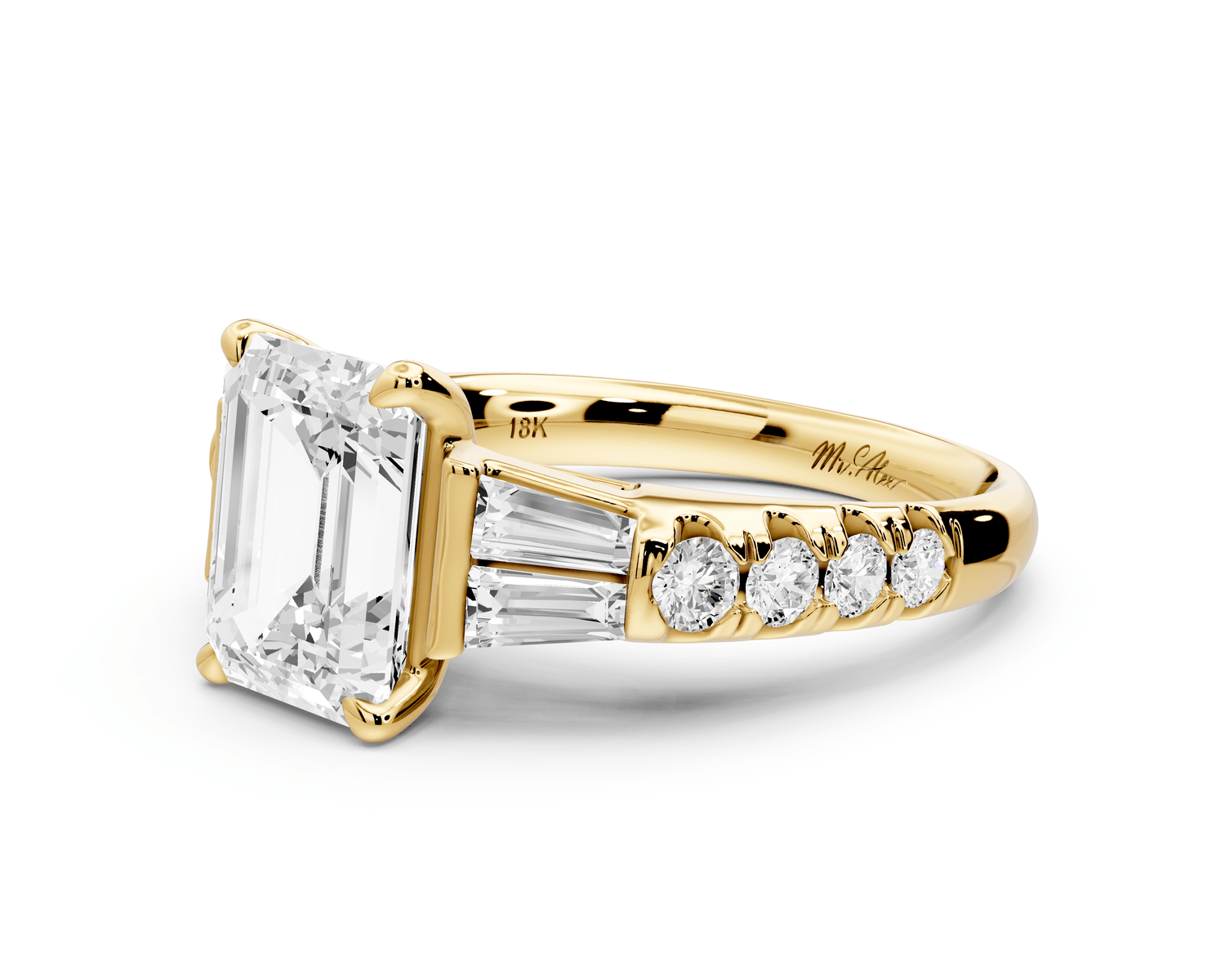 Aria - 2ct 18k yellow gold emerald Diamond with tapered baguettes and round accent stones Engagement ring - Mr. Alex Jewelry