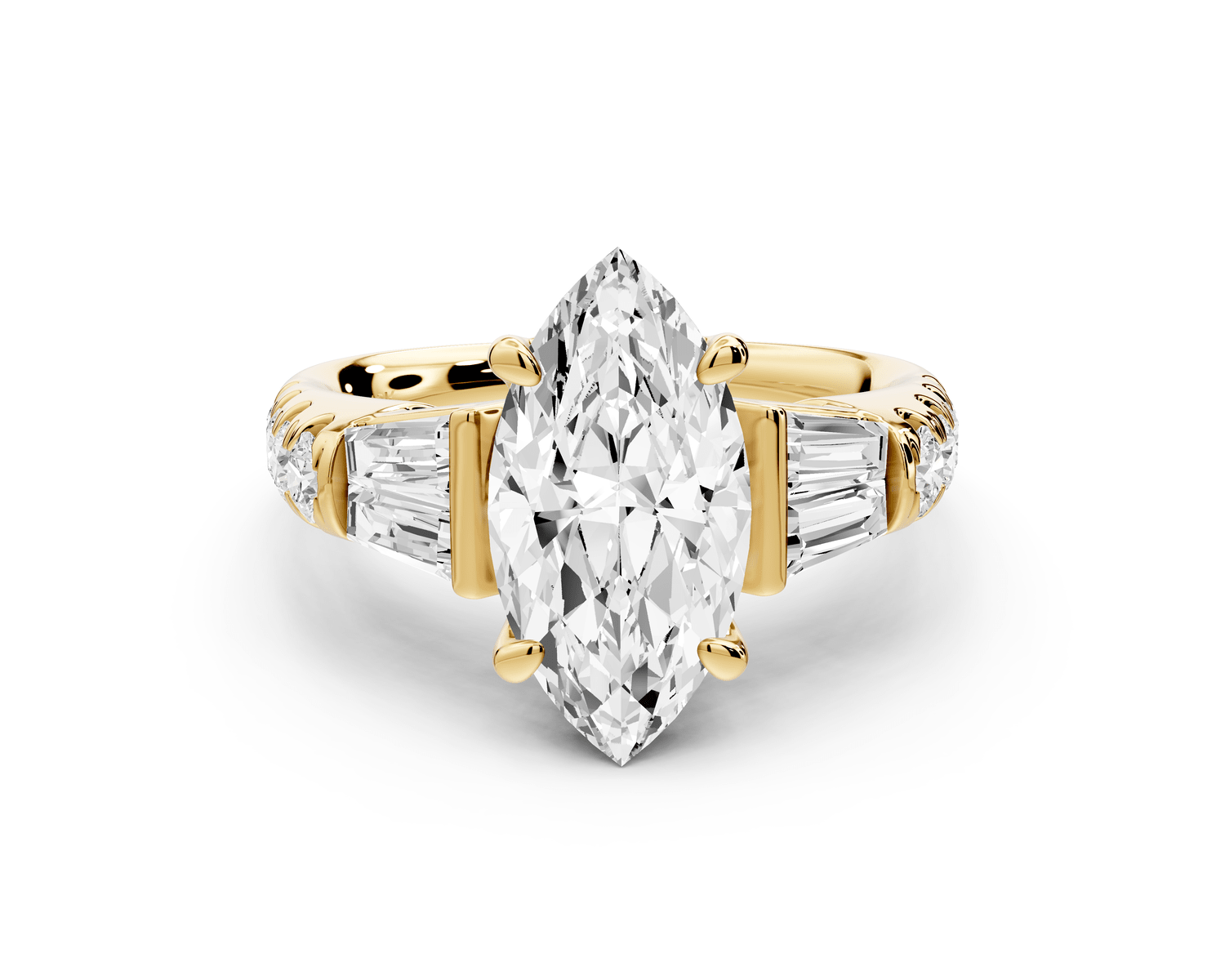 Aria - 2ct 18k yellow gold marquise Diamond with tapered baguettes and round accent stones engagement ring - Mr. Alex Jewelry