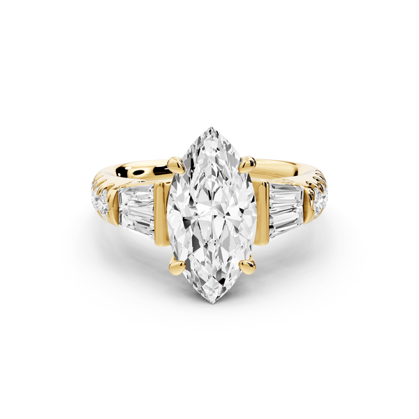 Aria - 2ct 18k yellow gold marquise Diamond with tapered baguettes and round accent stones engagement ring - Mr. Alex Jewelry