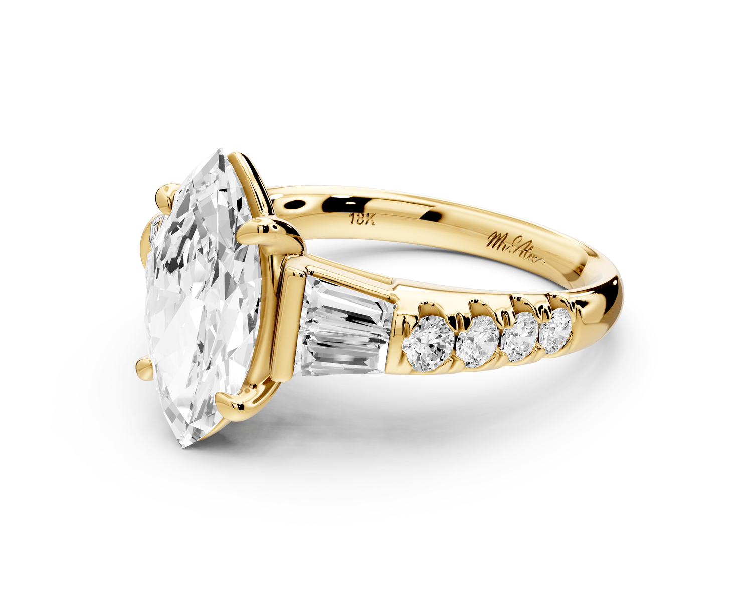 Aria - 2ct 18k yellow gold marquise Diamond with tapered baguettes and round accent stones engagement ring - Mr. Alex Jewelry