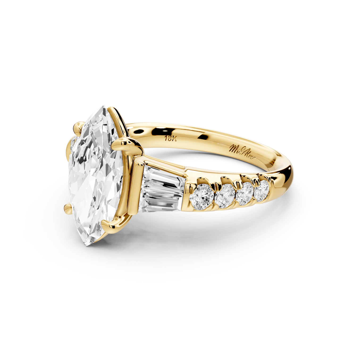 Aria - 2ct 18k yellow gold marquise Diamond with tapered baguettes and round accent stones engagement ring - Mr. Alex Jewelry
