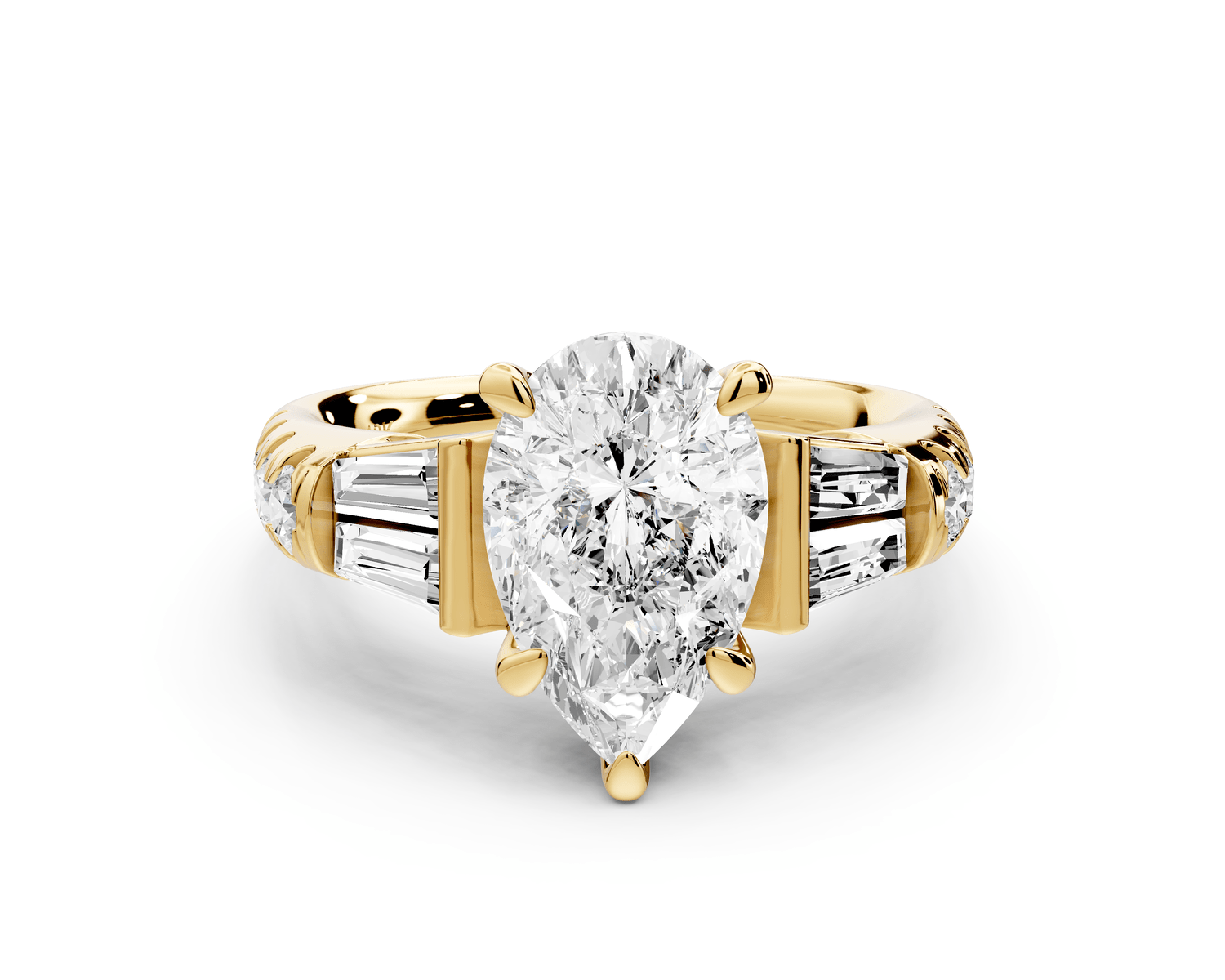 Aria - 2ct 18k yellow gold pear Diamond with tapered baguettes and round accent stones Engagement ring - Mr. Alex Jewelry