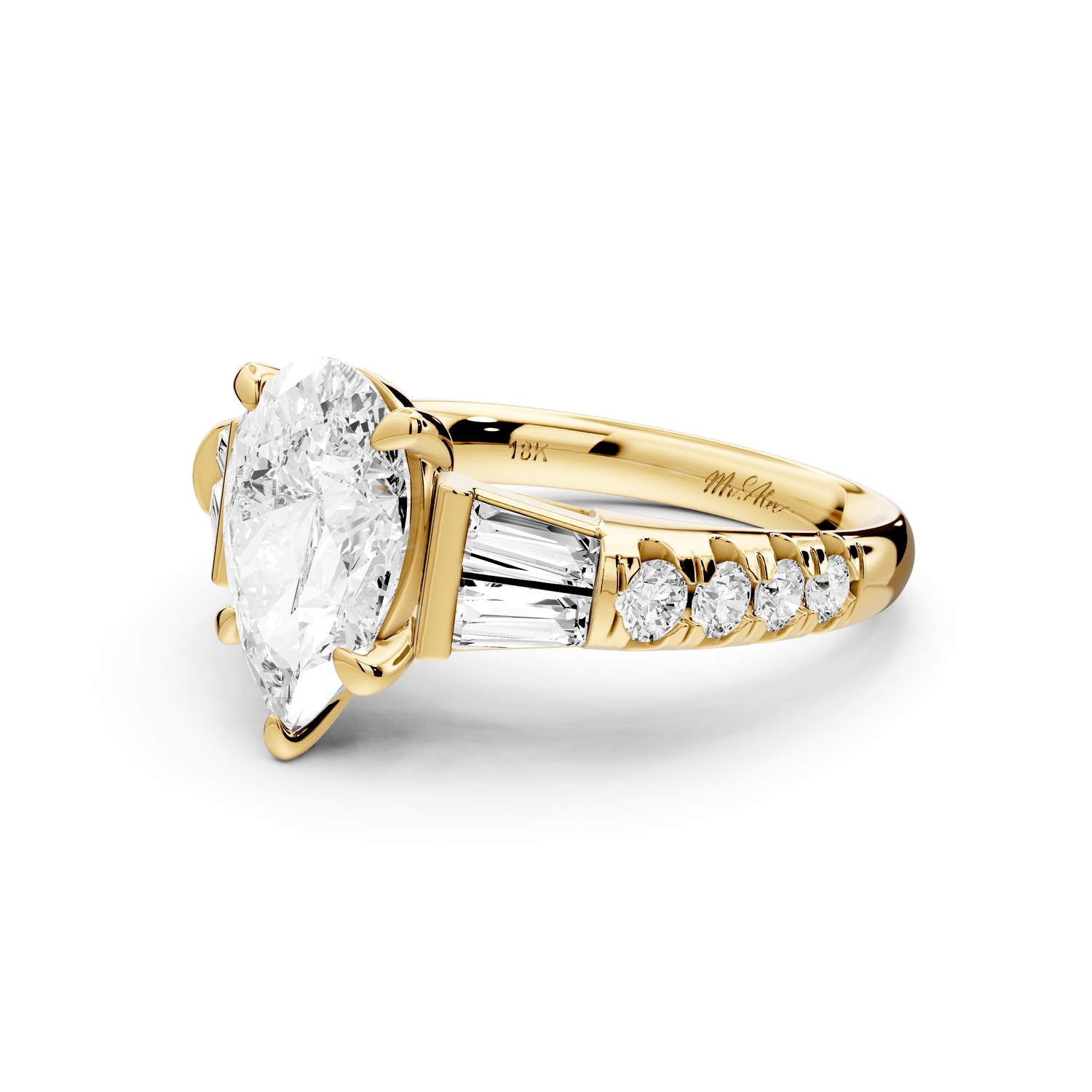 Aria - 2ct 18k yellow gold pear Diamond with tapered baguettes and round accent stones Engagement ring - Mr. Alex Jewelry