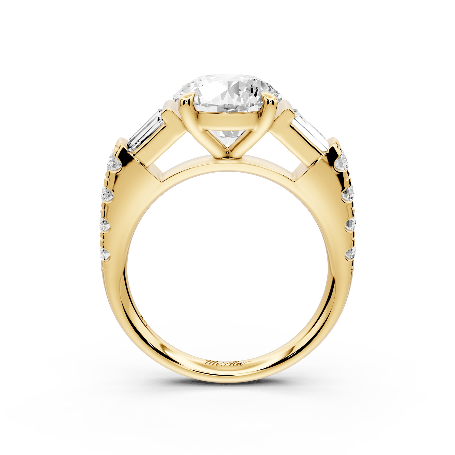 Aria - 2ct 18k yellow gold round Diamond with tapered baguettes and round accent stones engagment ring - Mr. Alex Jewelry